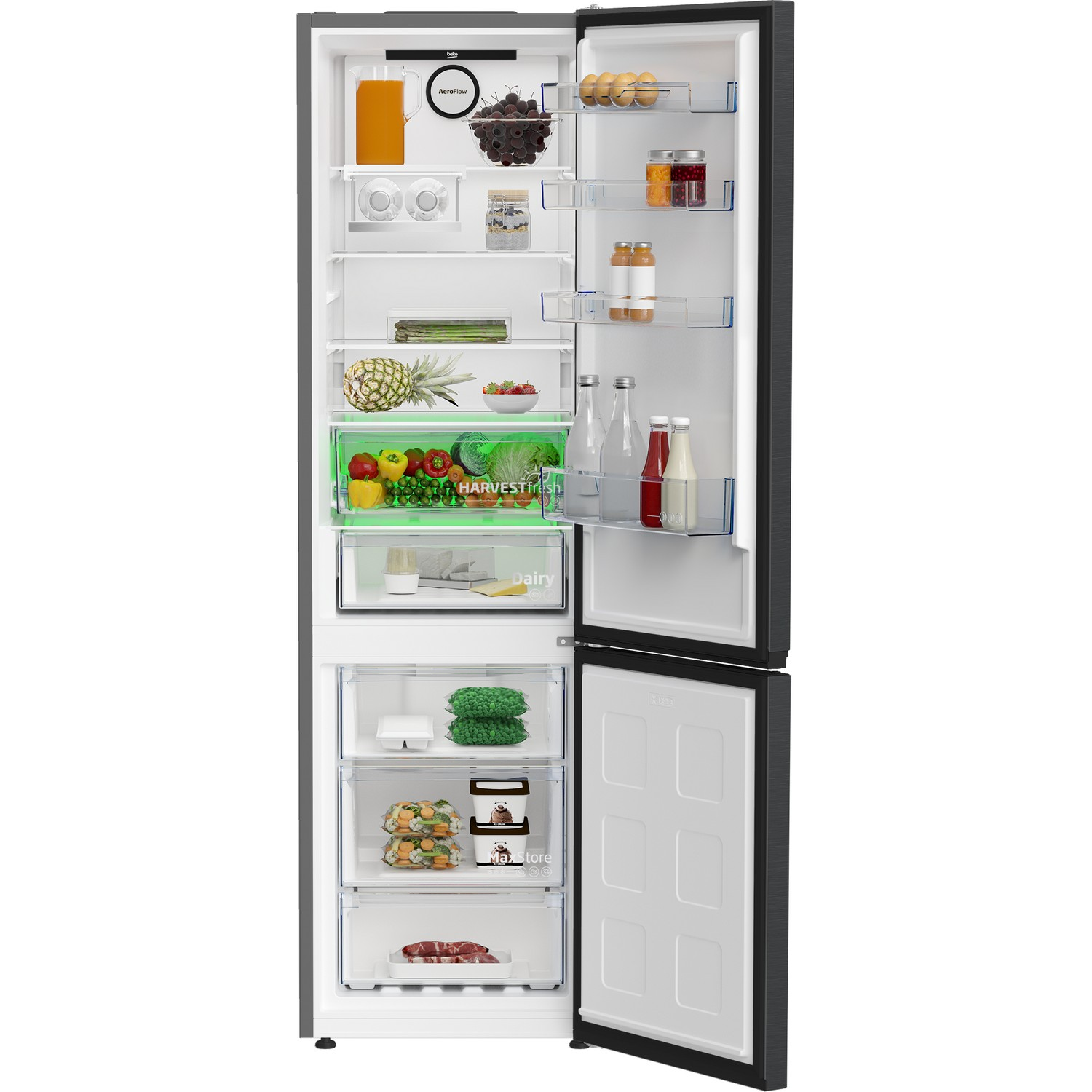 Un frigorifero Beko con la porta aperta, che rivela ripiani con alimenti e scomparti sottostanti.