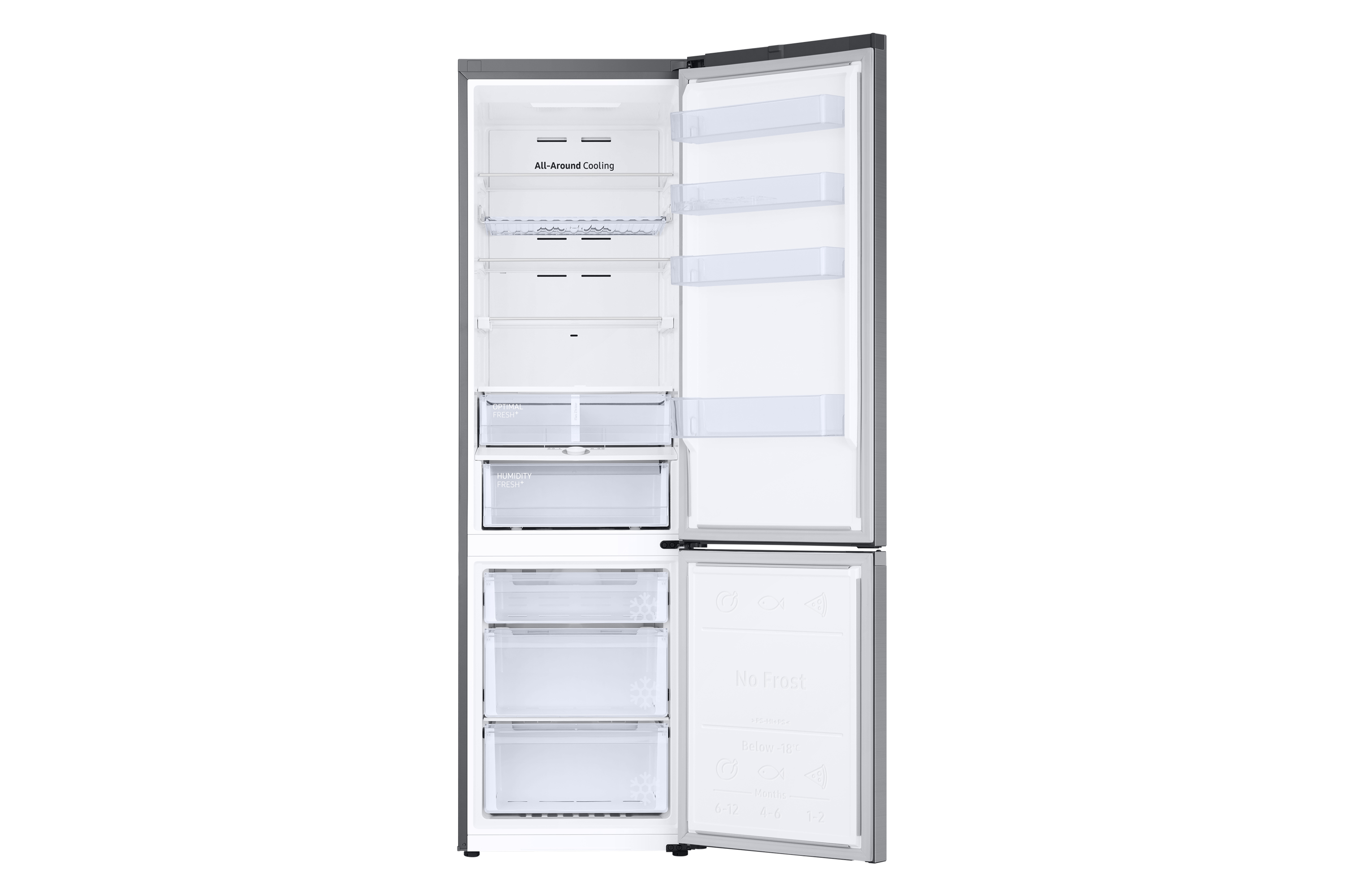 Open koelkast interieur, met planken en compartimenten. Het interieur is helder met voedsel opgeslagen.