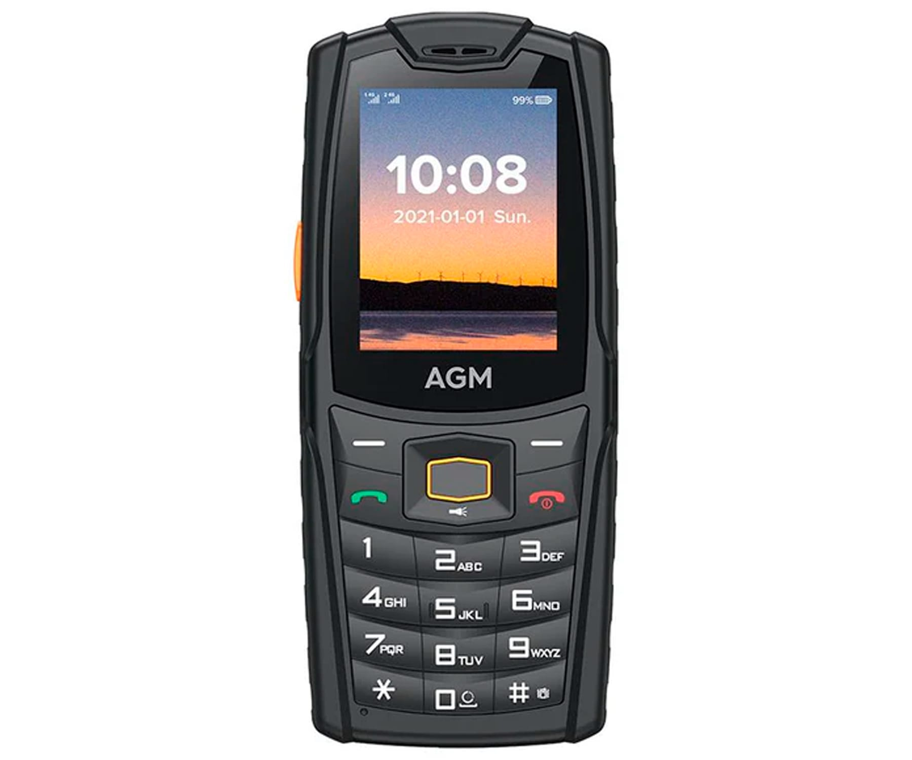 Schwarzes, robustes AGM-Telefon mit Anzeige von Uhrzeit und Datum. Tasten und Lautsprecher sichtbar.