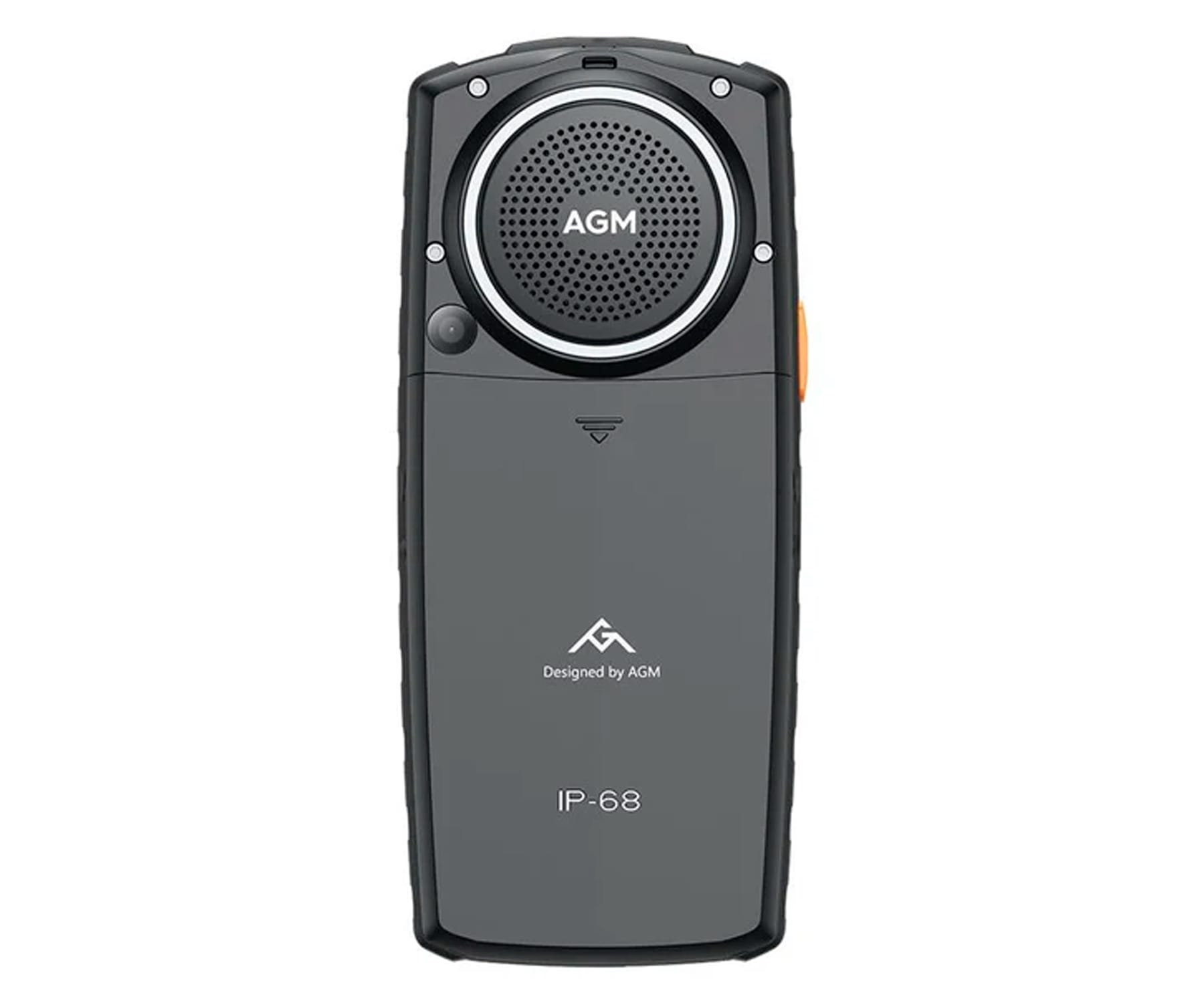Schwarzes, robustes Telefon mit Lautsprecher und AGM-Logo auf weißem Hintergrund.