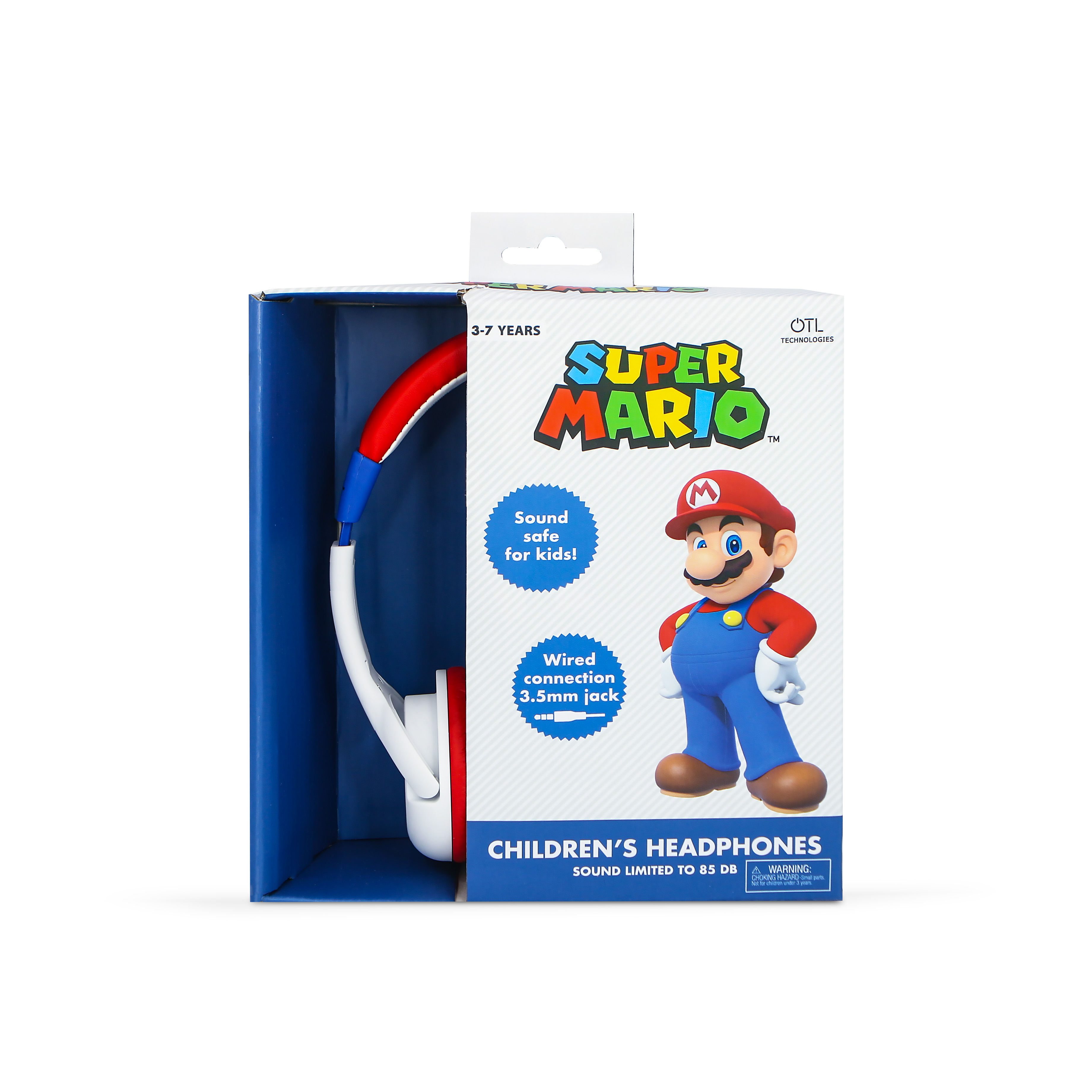 Box of Super Mario children's headphones with Mario illustration and text on a white background.