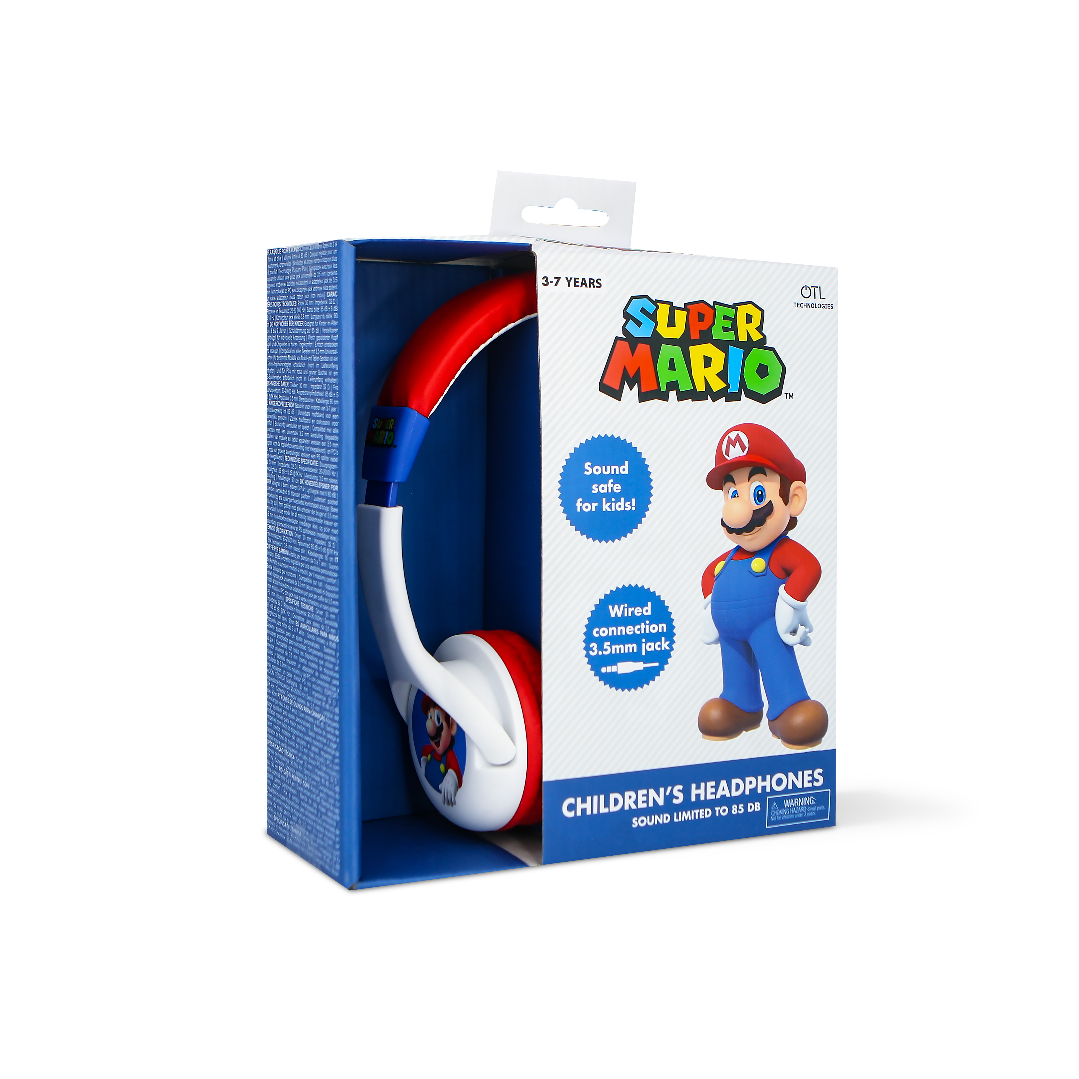 Super Mario children's headphones in a box, red and blue design, and Mario graphic on the box.