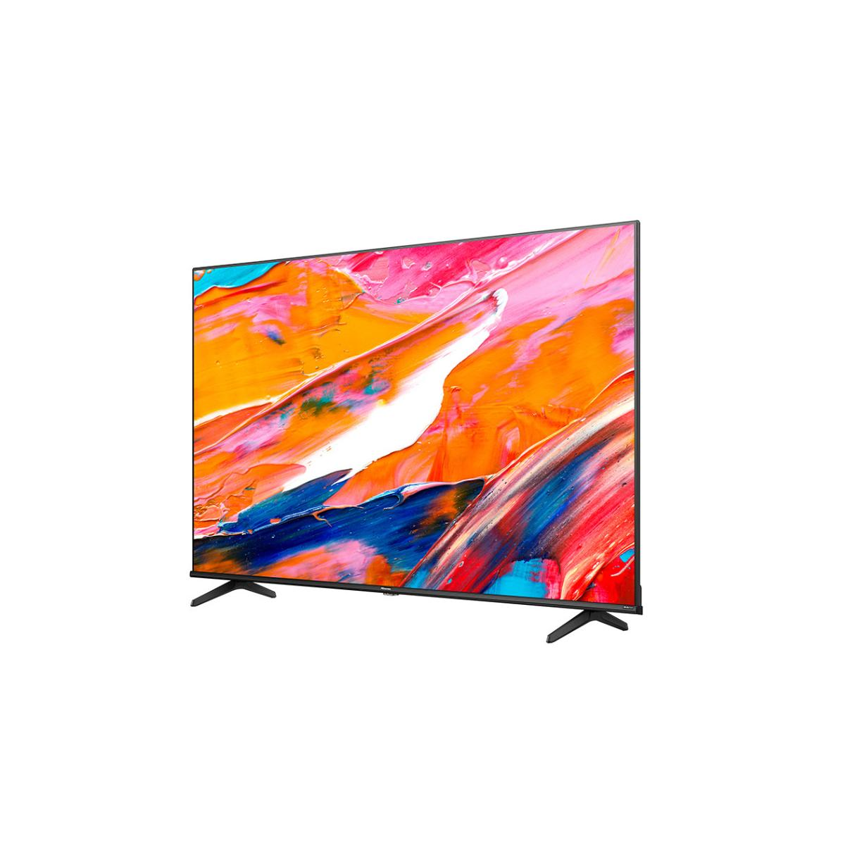 Grande TV a schermo piatto che mostra un dipinto astratto. Il televisore è nero con gambe nere.