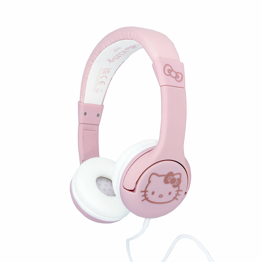 Rosa Hello Kitty Kopfhörer. Die Kopfhörer haben ein Hello Kitty Gesicht und ein weißes Kabel.