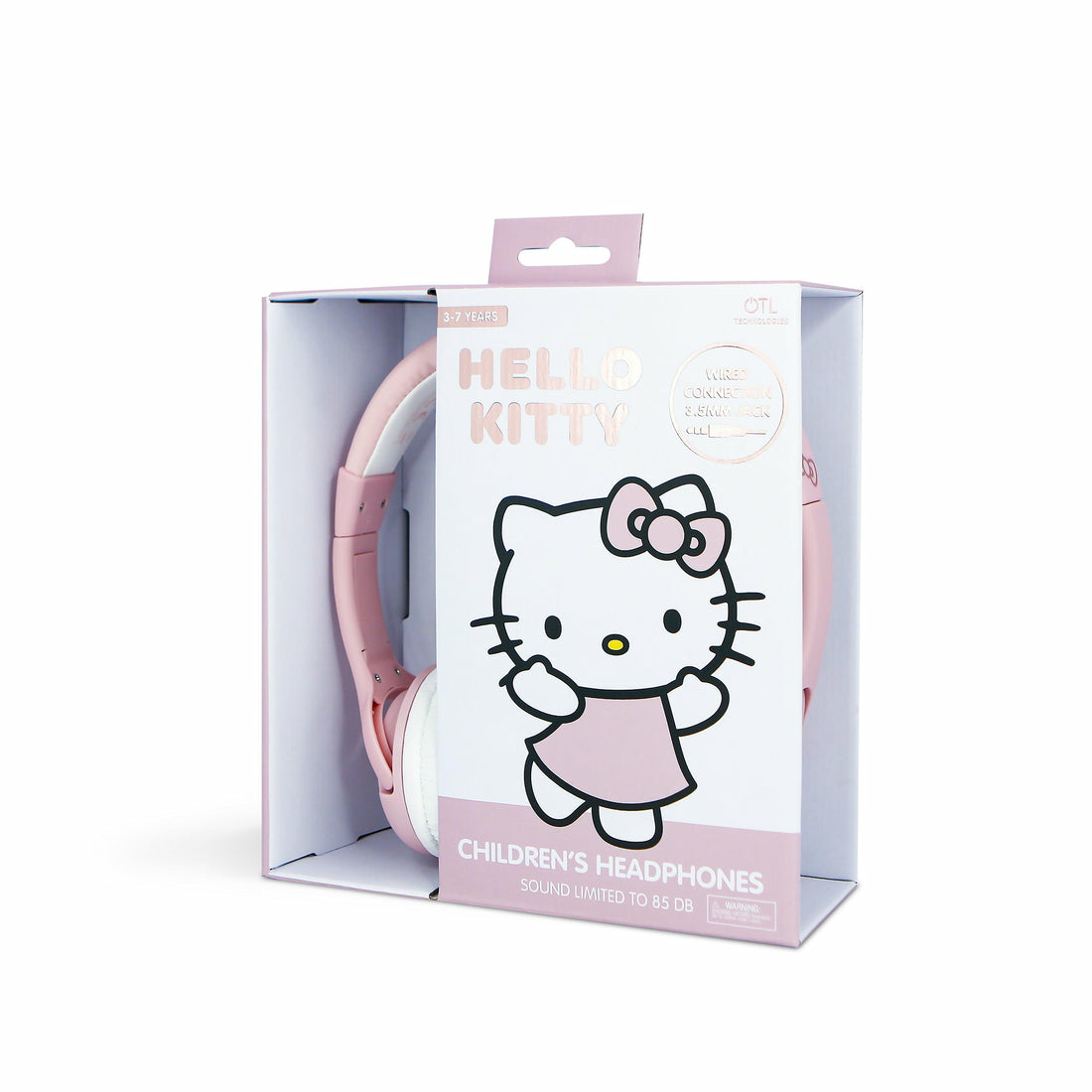Hello Kitty-Kinderkopfhörer in einer rosa Box mit Hello Kitty auf der Vorderseite.