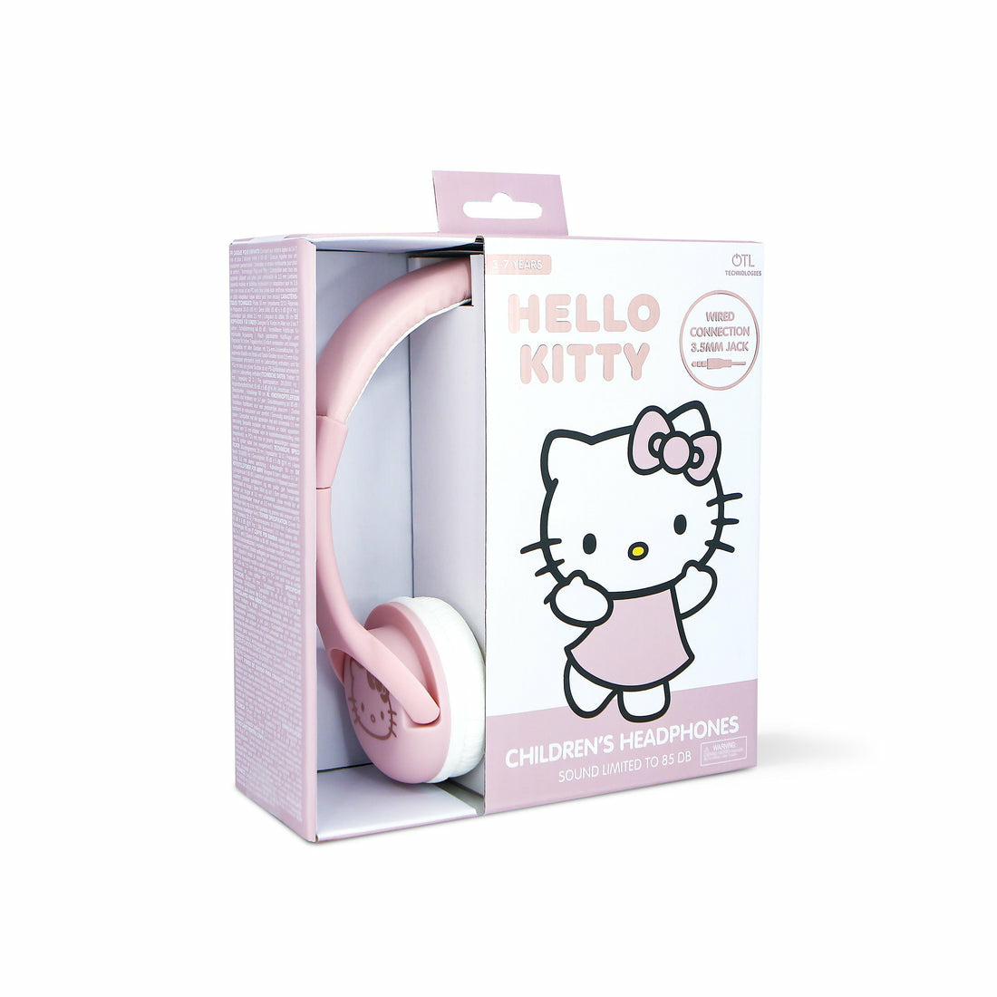 Hello Kitty Kopfhörer in einer Box. Rosa und weiße Farben. Weißer Hintergrund.