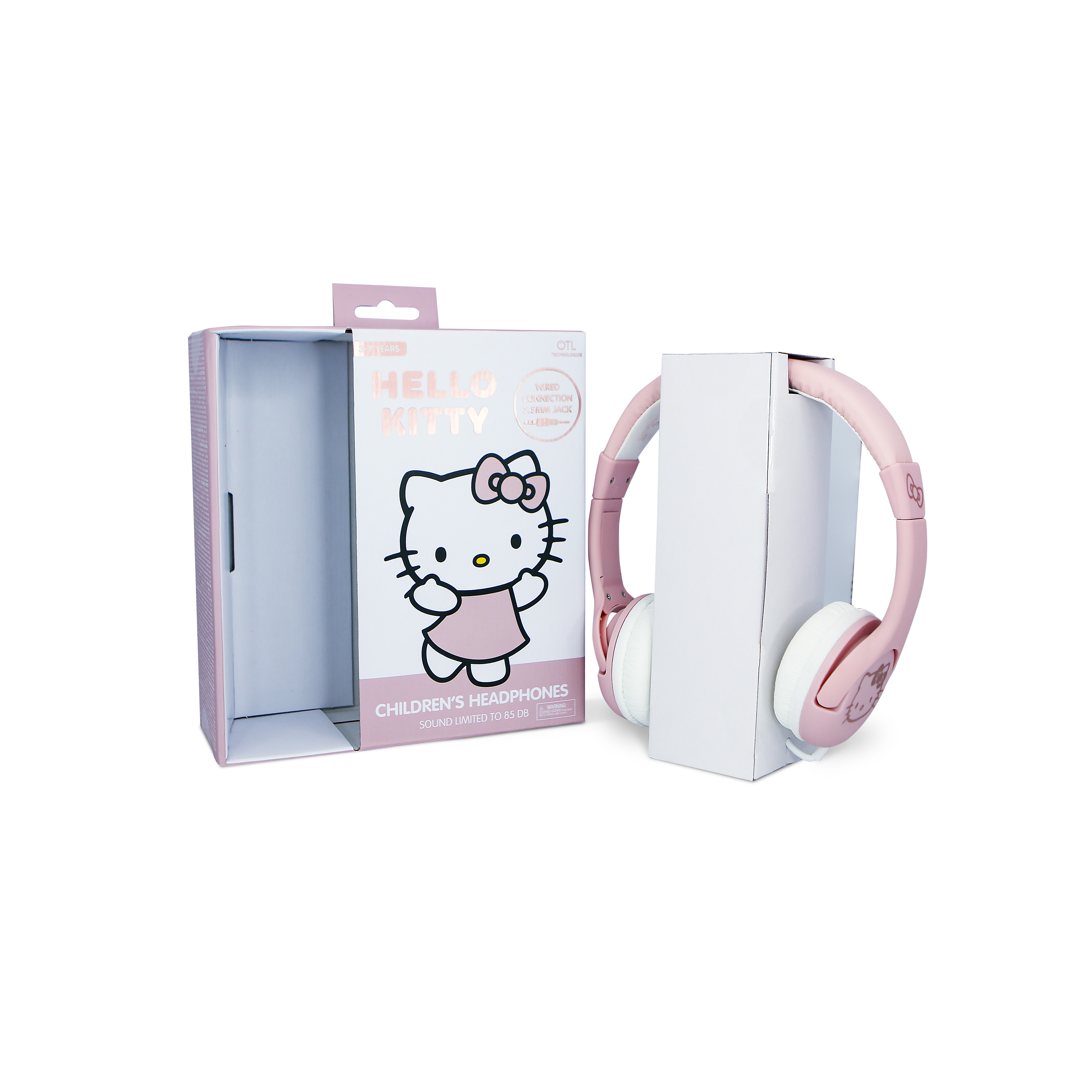 Hello Kitty Kinderkopfhörer mit Box. Rosa Kopfhörer und Box mit Hello Kitty.