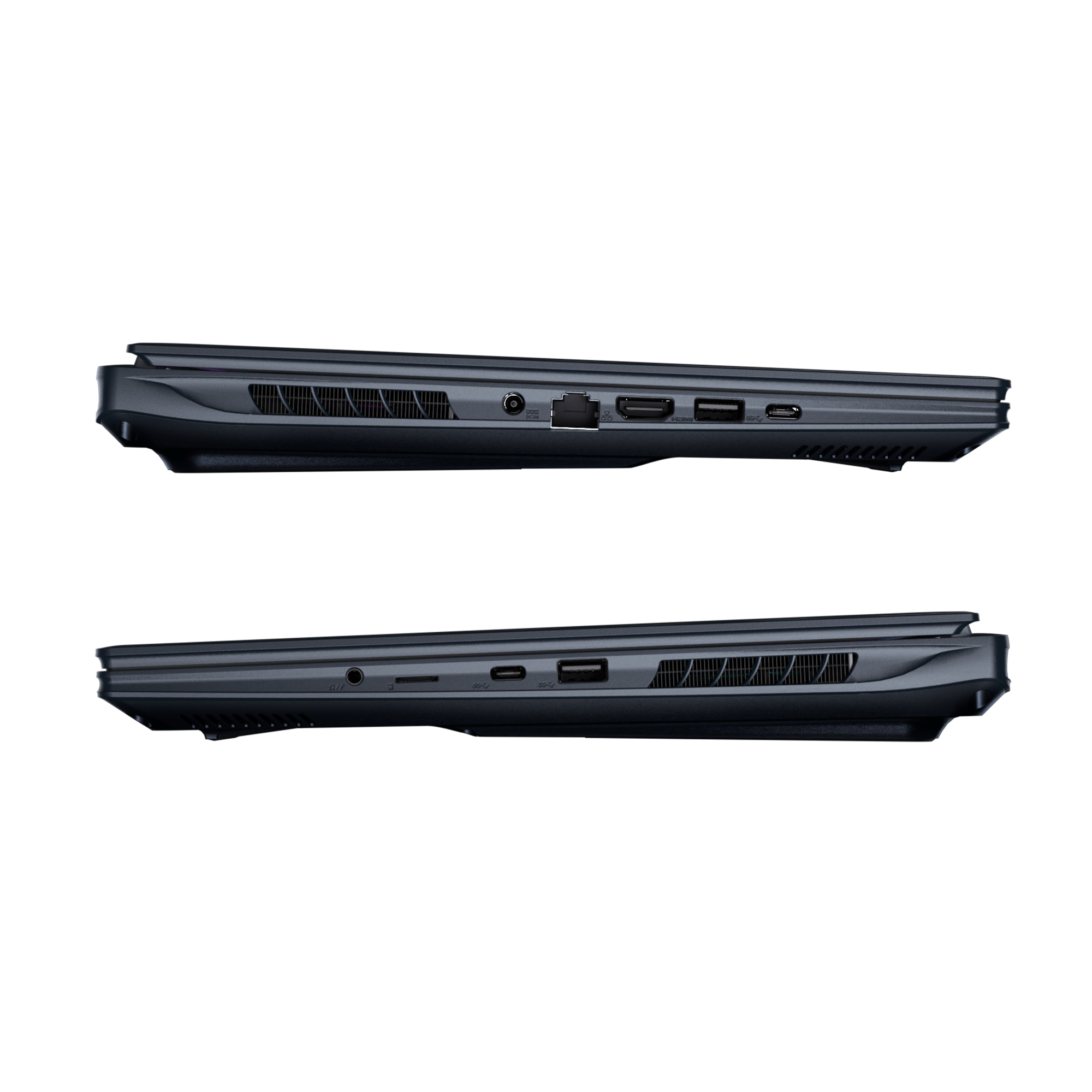 Dwa ciemnoszare laptopy z boku, pokazujące porty i otwory wentylacyjne na białym tle.