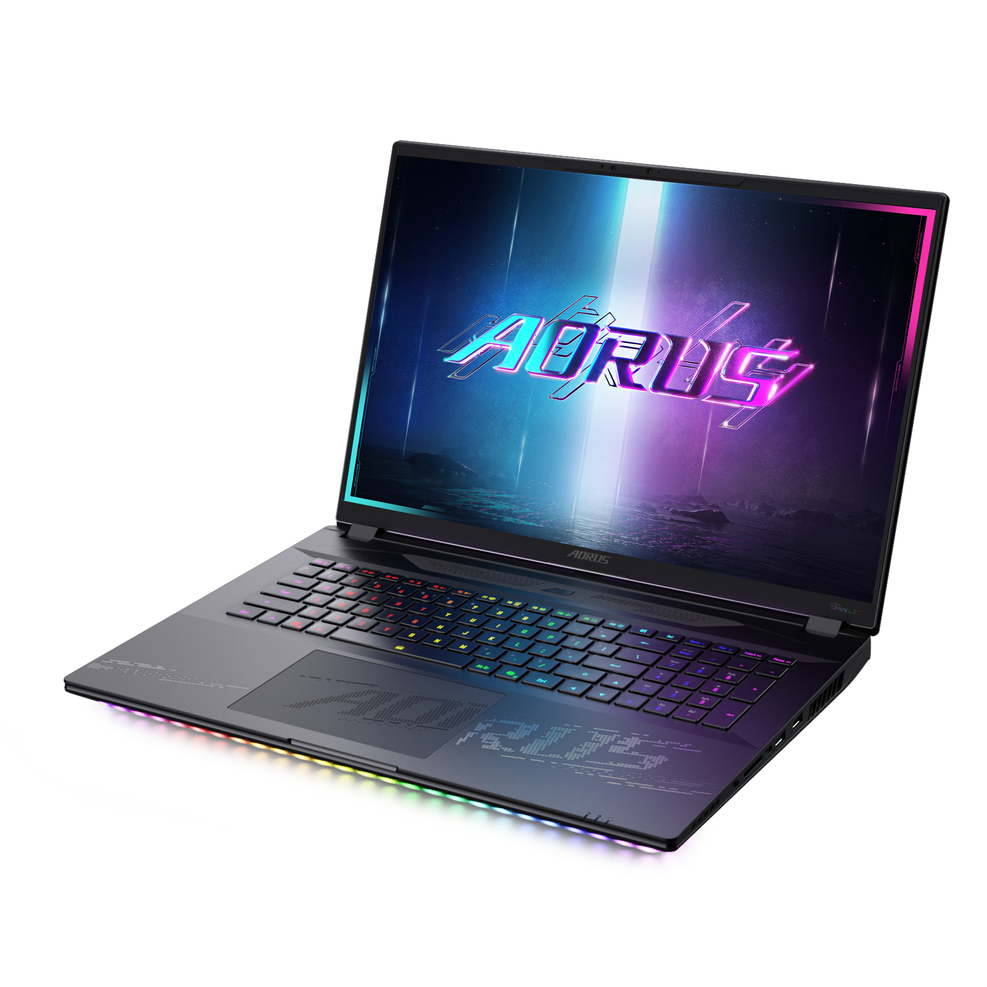 Otwarty laptop do gier AORUS, podświetlana klawiatura, kolorowy ekran z logo AORUS. Białe tło z akcentami kolorystycznymi.