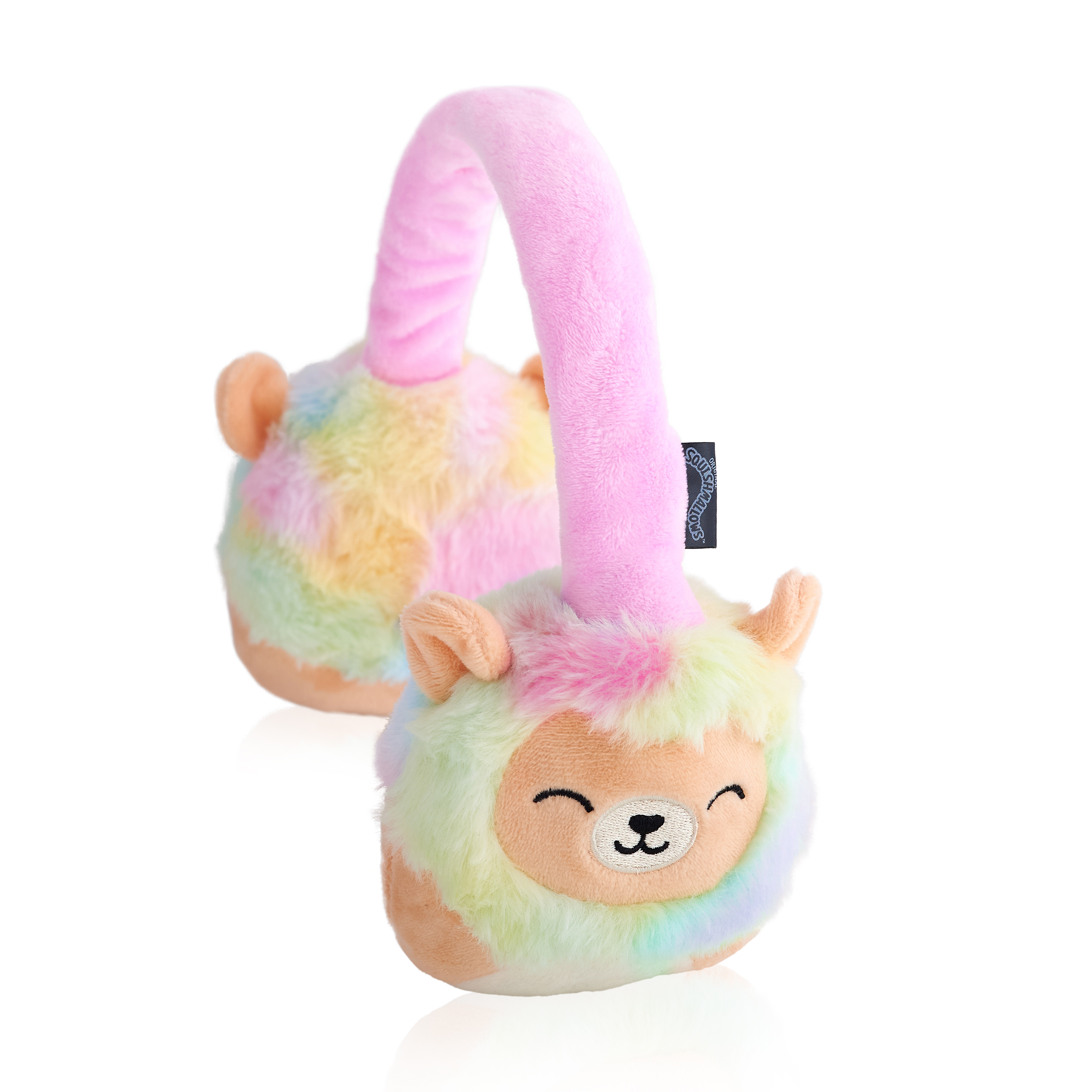 Paraorecchie a forma di lama rosa e arcobaleno. La fascia è rosa e i paraorecchie sono multicolore con un viso di lama sorridente.