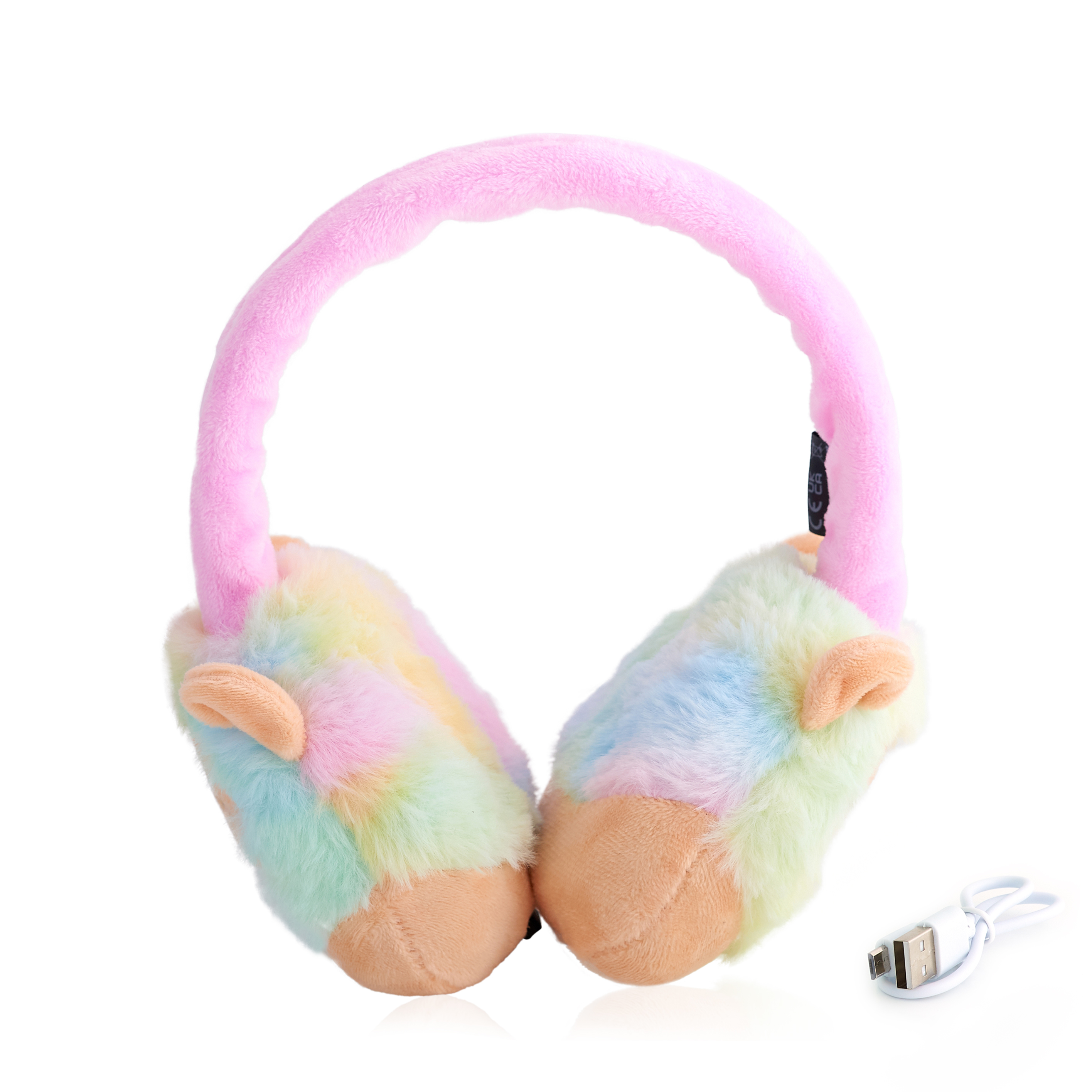 Paraorecchie rosa e arcobaleno con fascia rosa e cavo di ricarica USB bianco.