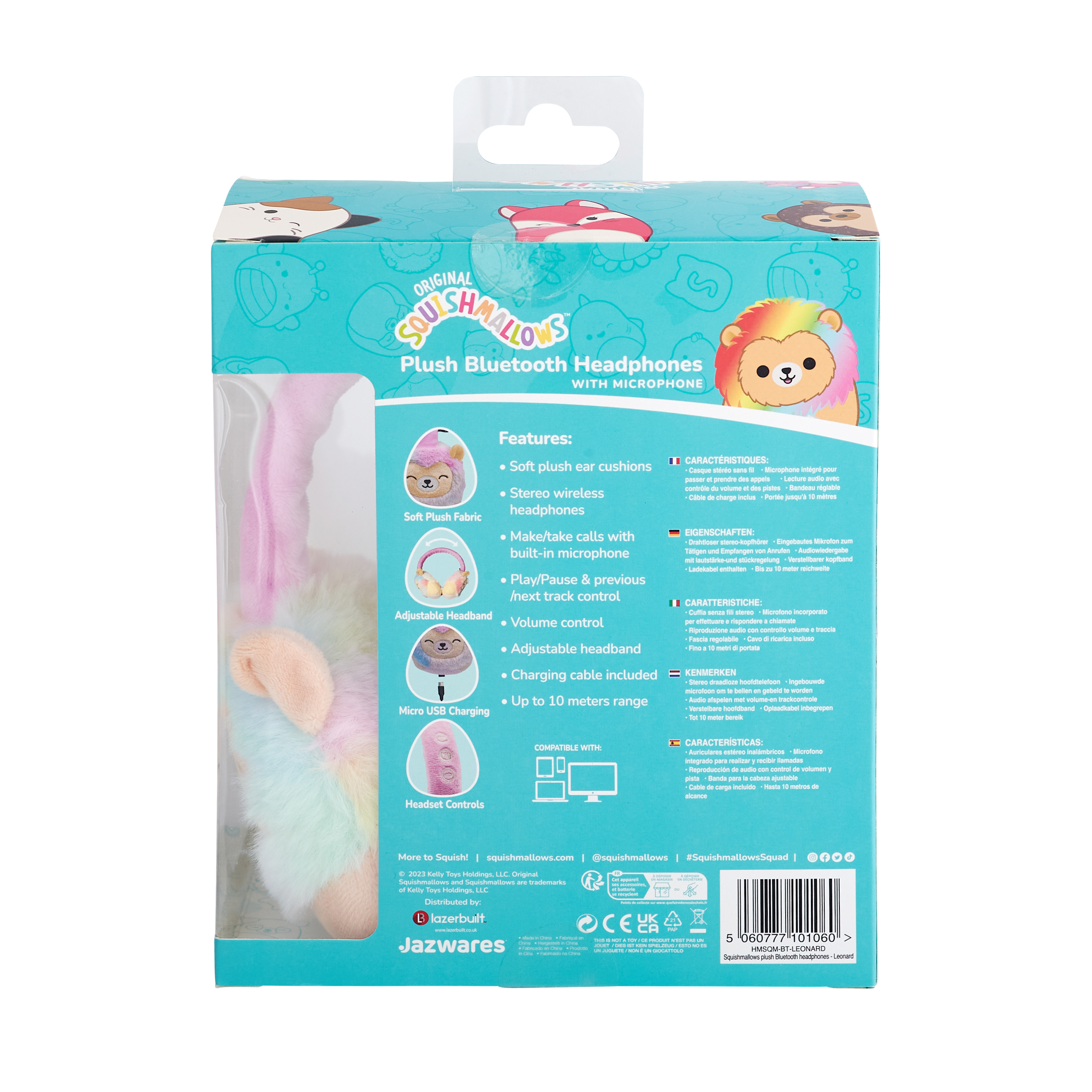 Retro della confezione delle cuffie in peluche, con grafica, testo e caratteristiche del prodotto.