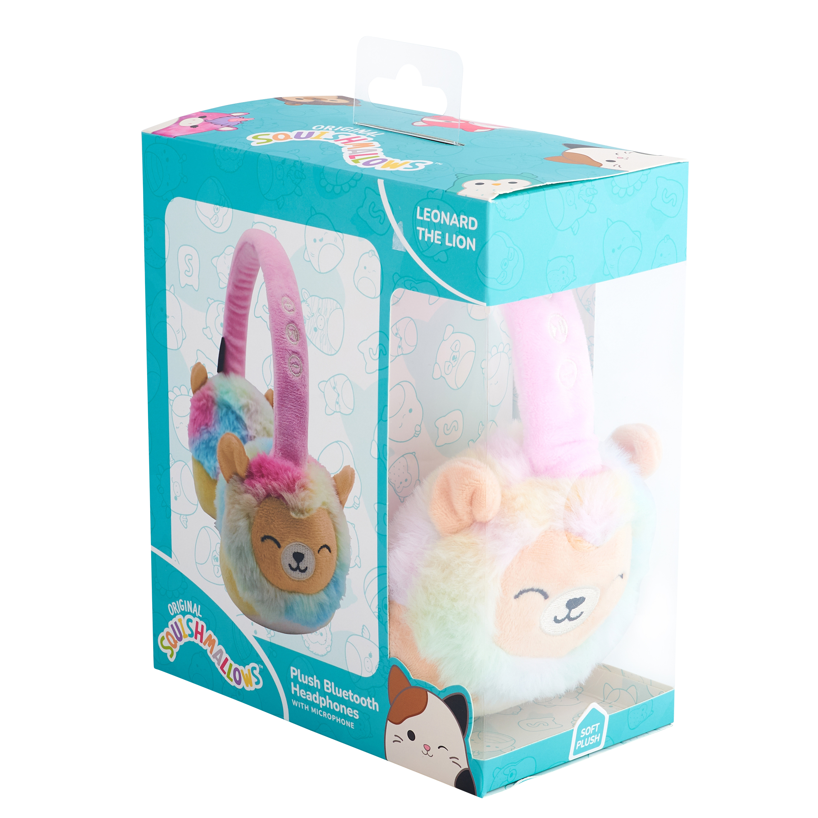 Cuffie Squishmallows in una scatola. Design leone, fascia rosa e peluche morbido.