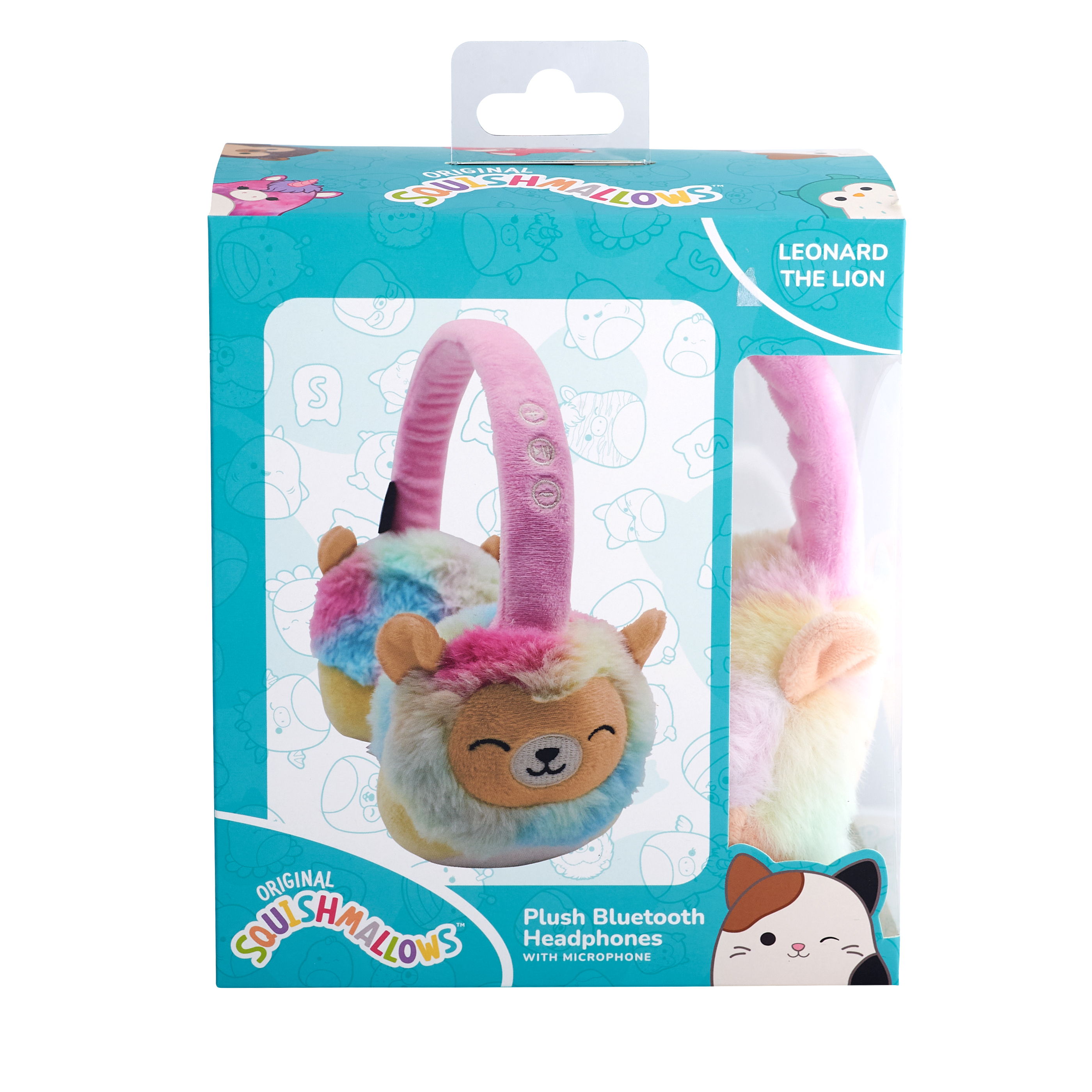 Paraorecchie in peluche in scatola, pelliccia arcobaleno, Leonard il Leone, cuffie Bluetooth con microfono.