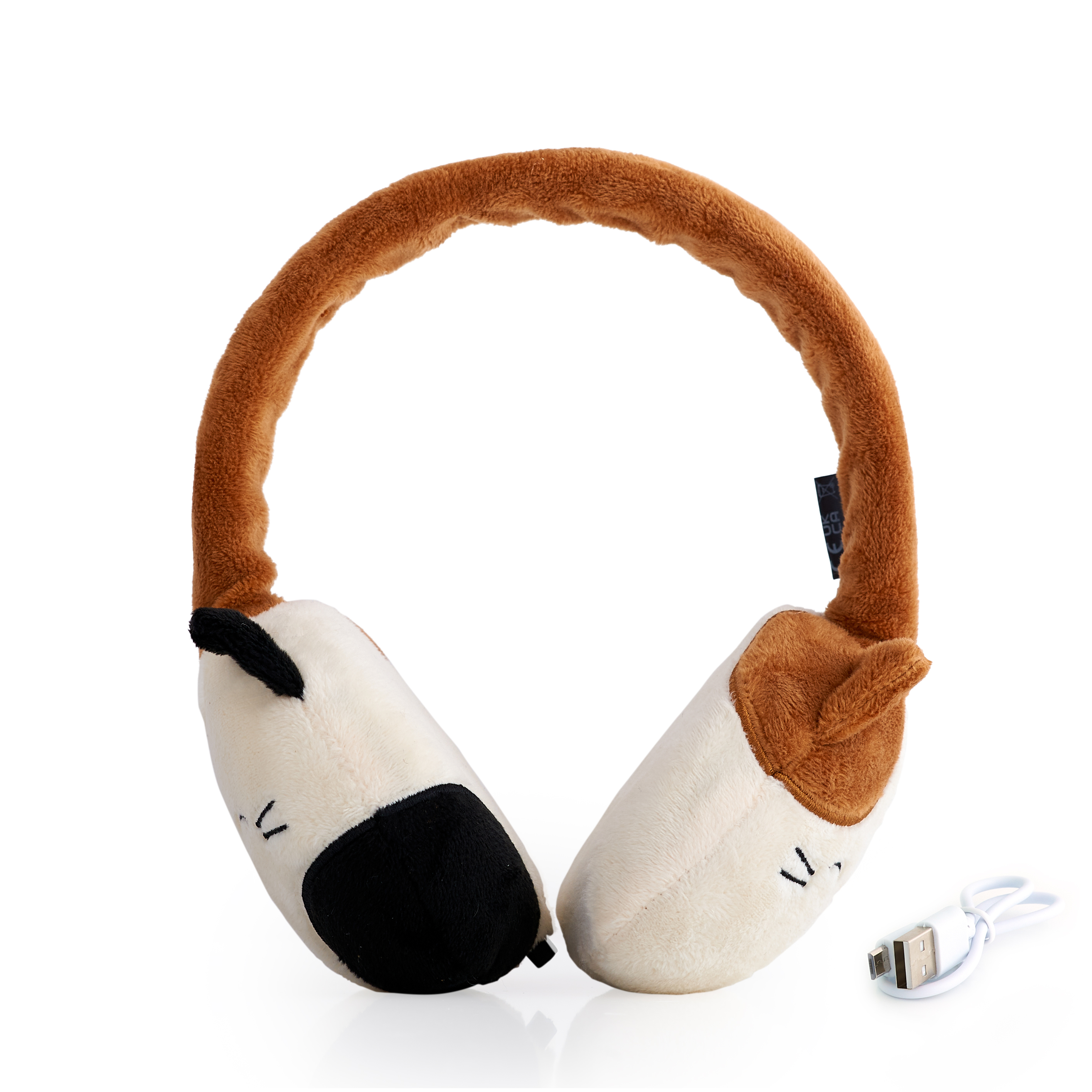 Casque circum-auriculaire en forme de chien. Marron et blanc avec câble USB.