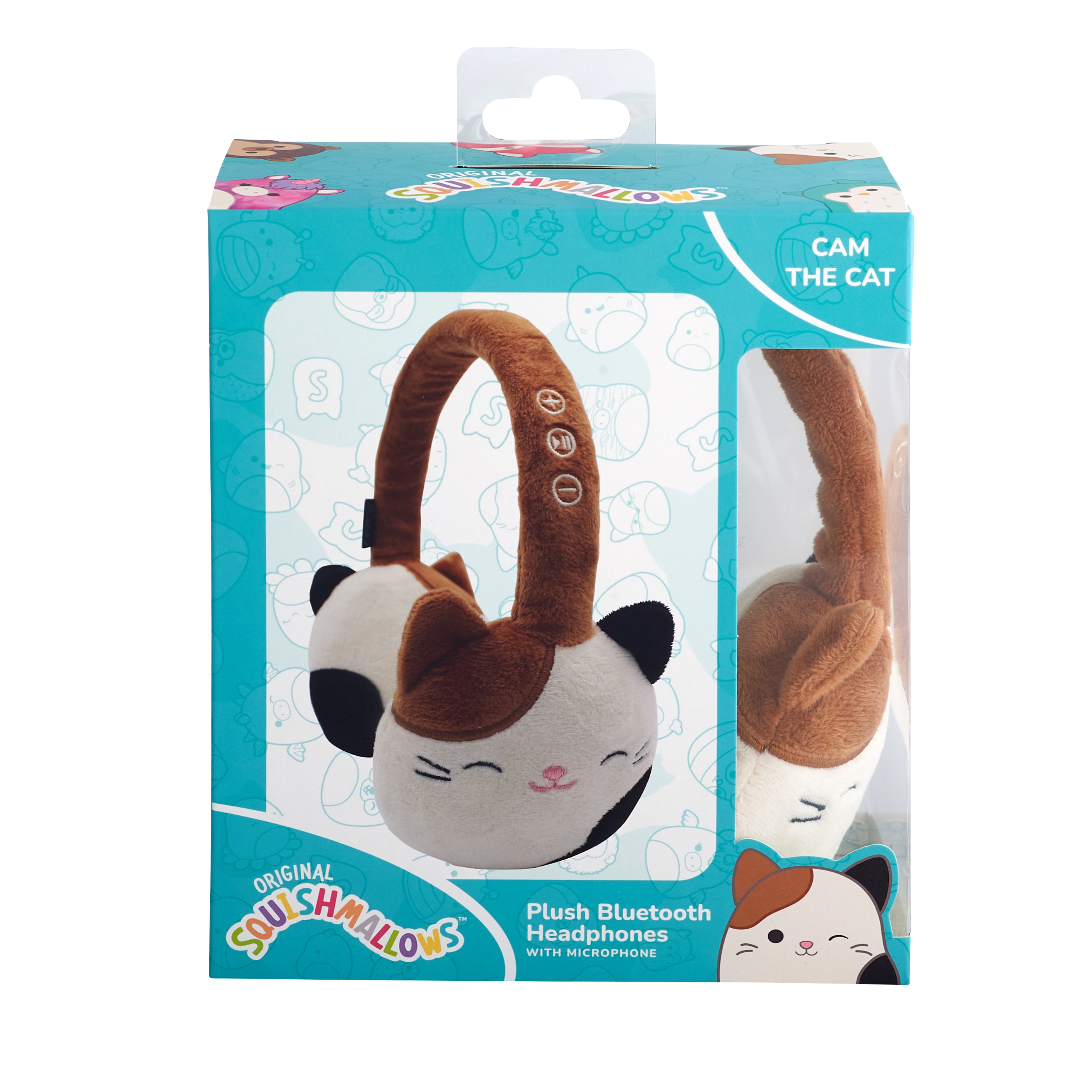 Casque Bluetooth en peluche Cam the cat dans une boîte. Couleurs marron et blanc. Fond blanc.