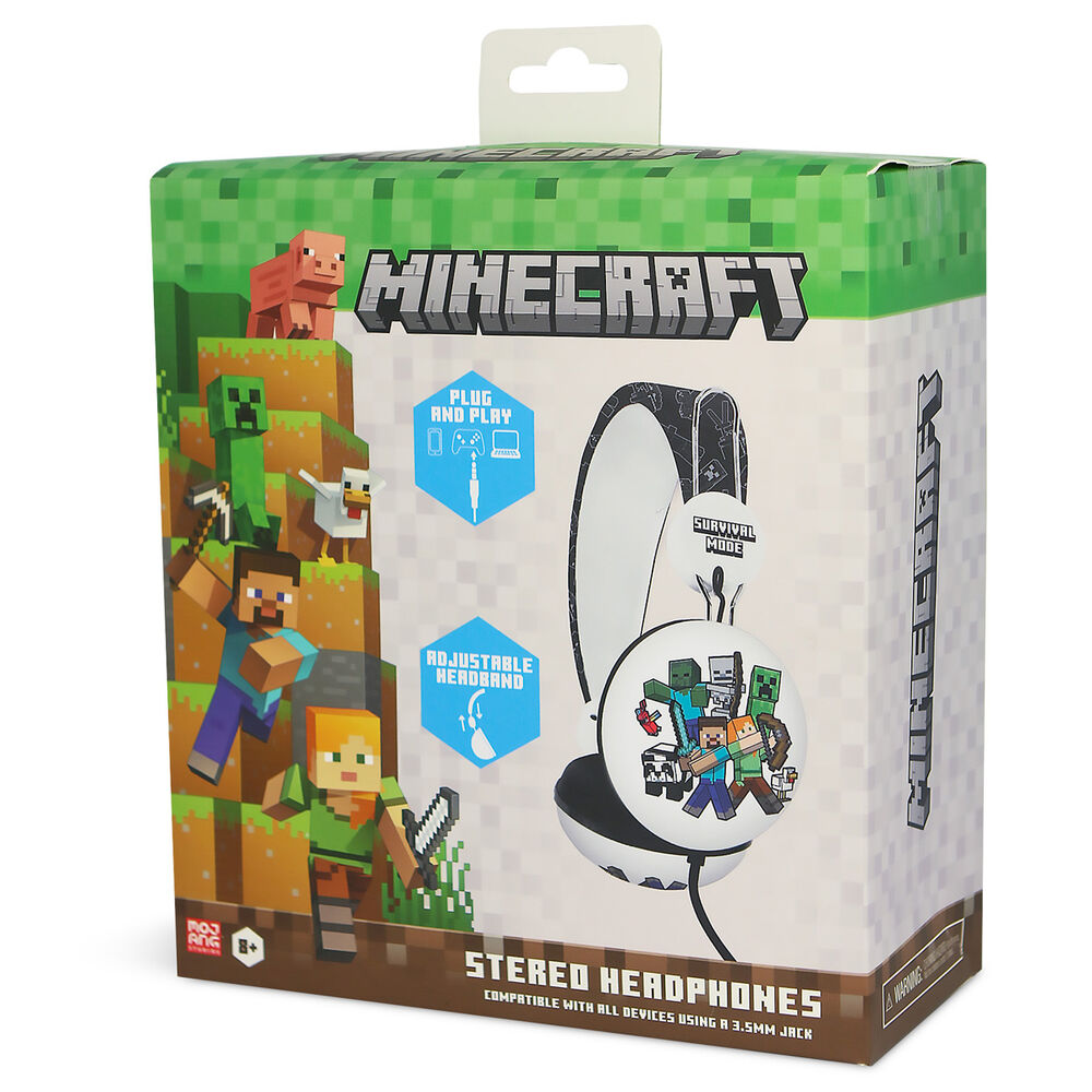 Minecraft-themed stereo headphones in a box. Features characters and the game's logo.