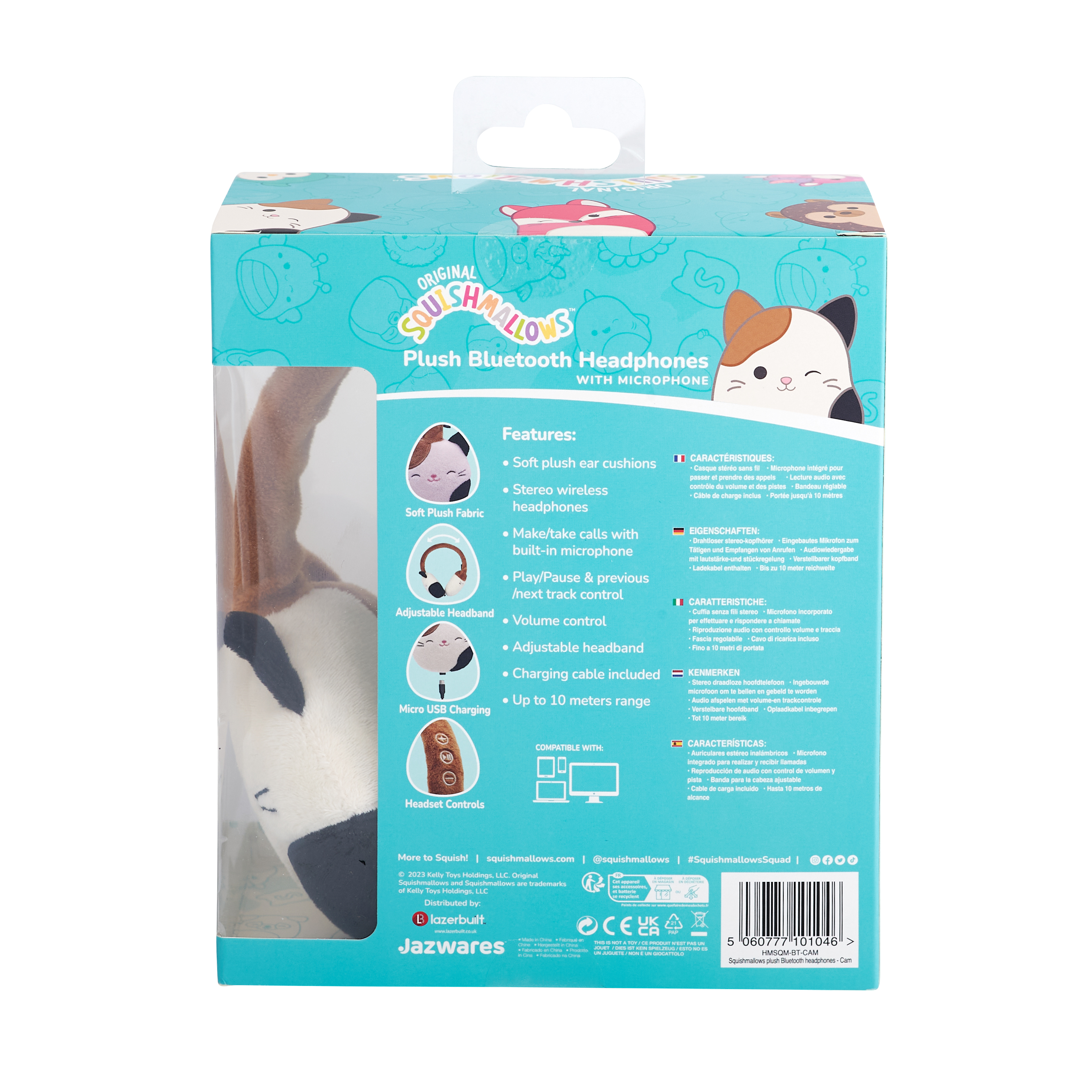 Casque Bluetooth en peluche Squishmallows en boîte avec un design de chat, caractéristiques et spécifications visibles.