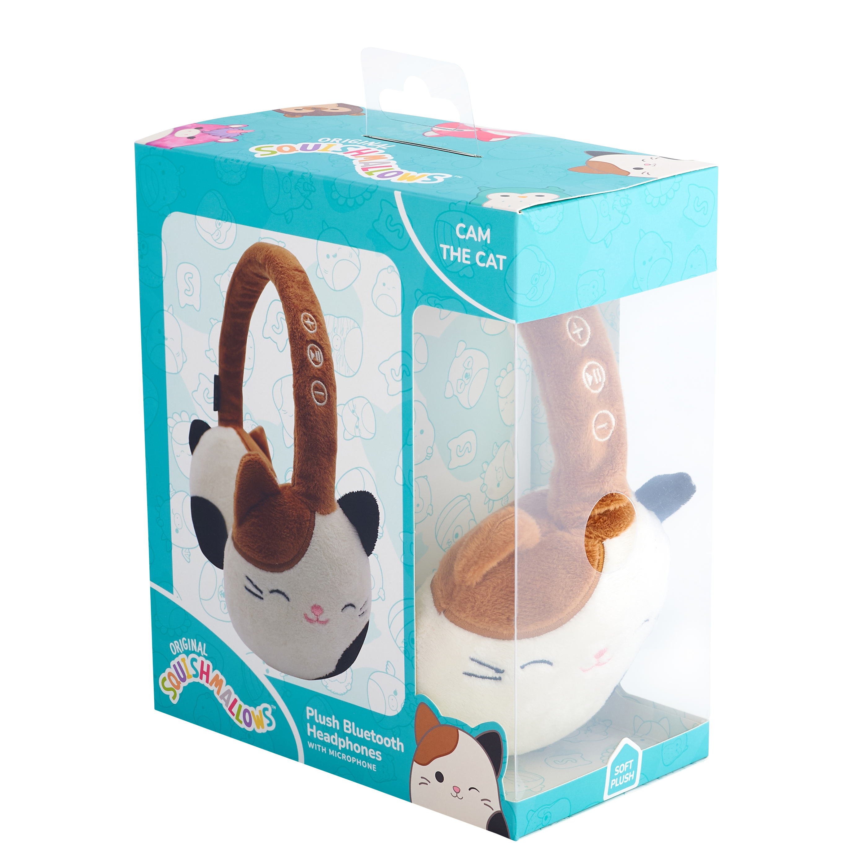 Casque Bluetooth en peluche Cam the Cat dans une boîte. Oreilles et visage de chat.
