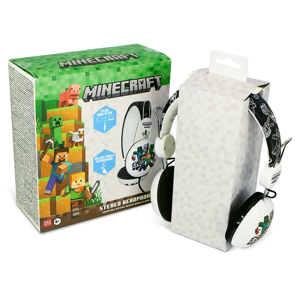 Minecraft headphones with a box. The box has Minecraft characters. The headphones are white with black and Minecraft graphics.