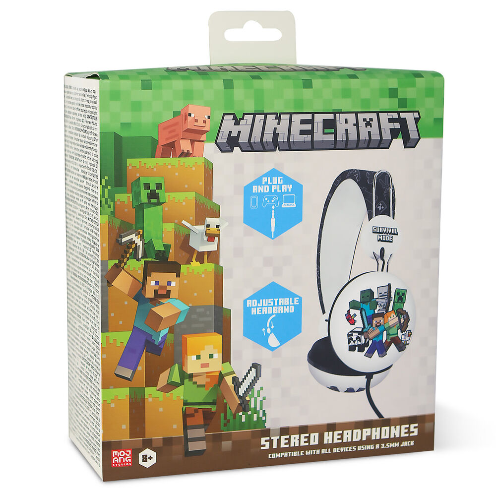 Minecraft headphones in a box with game characters. The headphones are black and white with Minecraft designs.