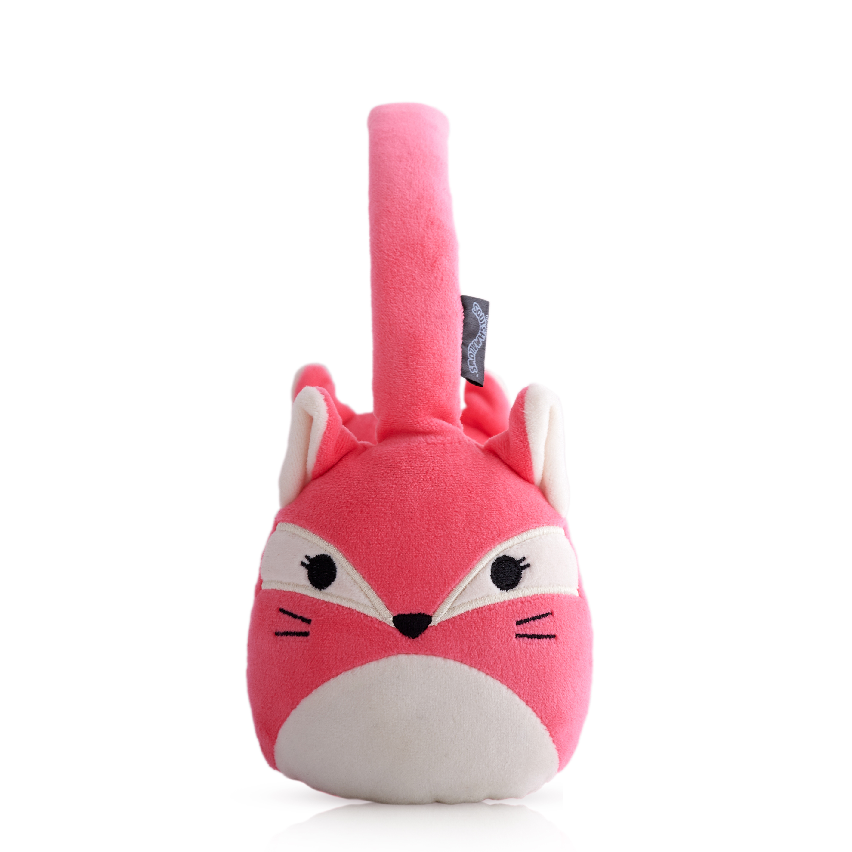 Roze vosvormige oorbeschermers met een roze hoofdband en witte accenten op een witte achtergrond.