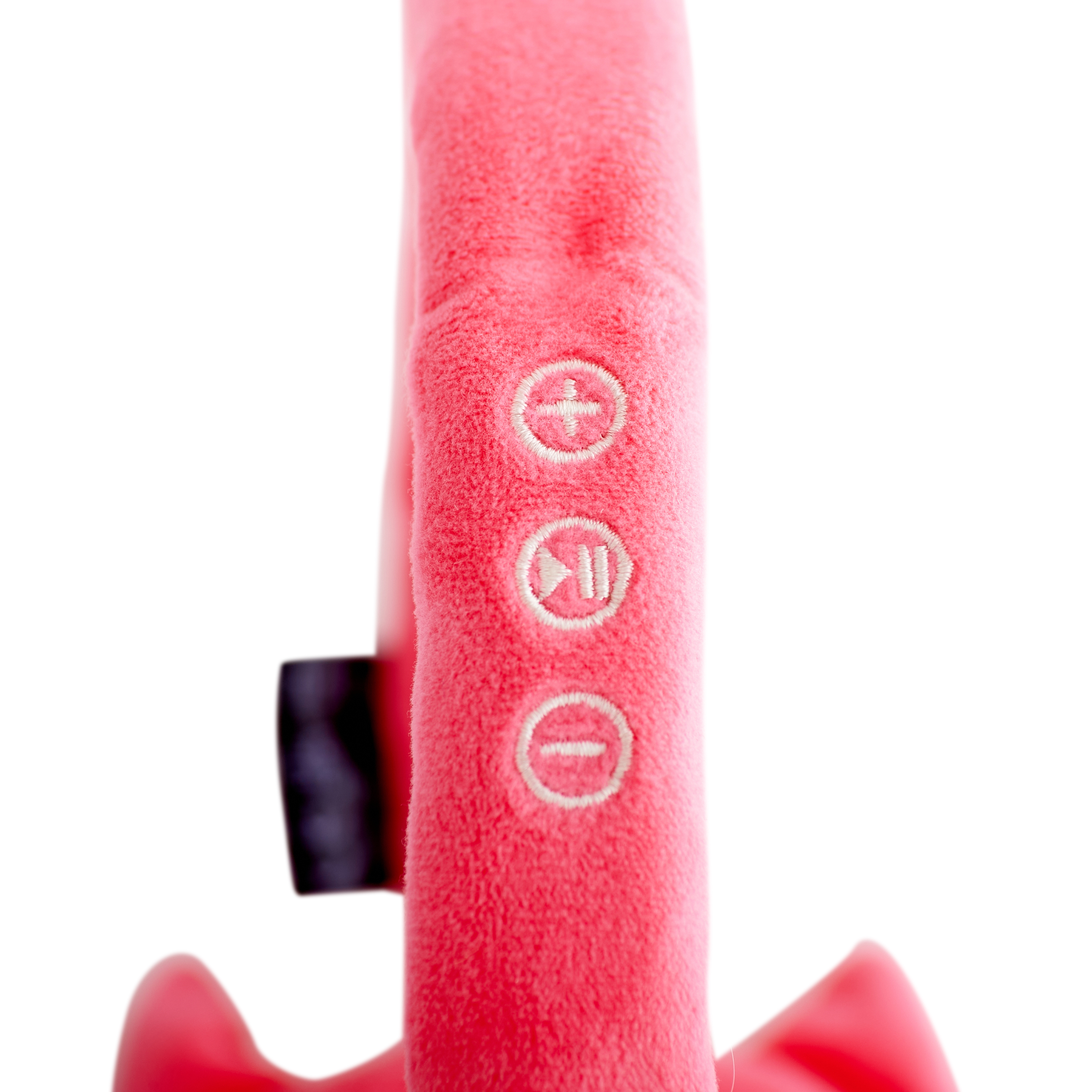 Een roze oorbeschermer met plus, afspelen/pauzeren en min knoppen, op een witte achtergrond.