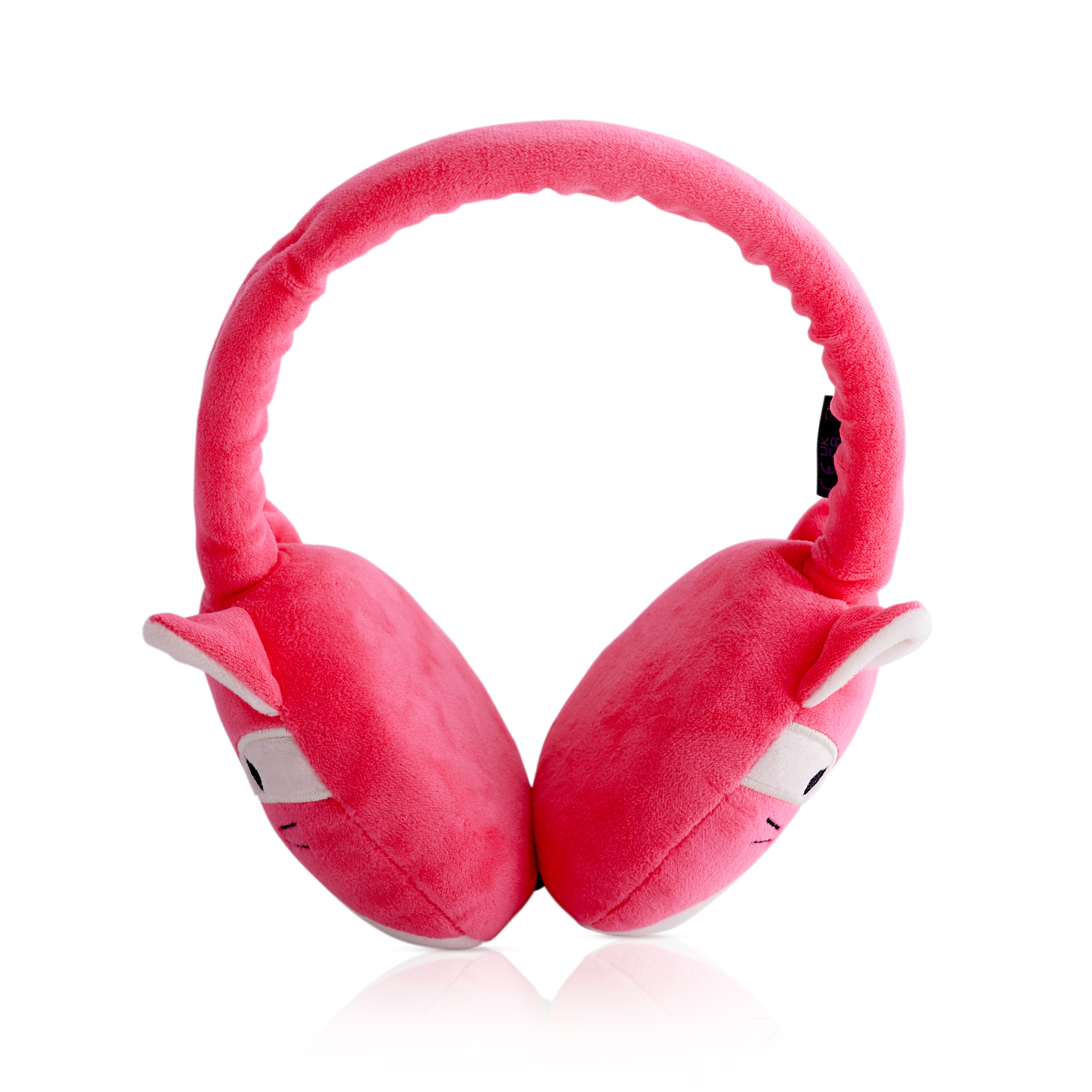 Roze pluche oorbeschermers in de vorm van vossen, van voren gezien.