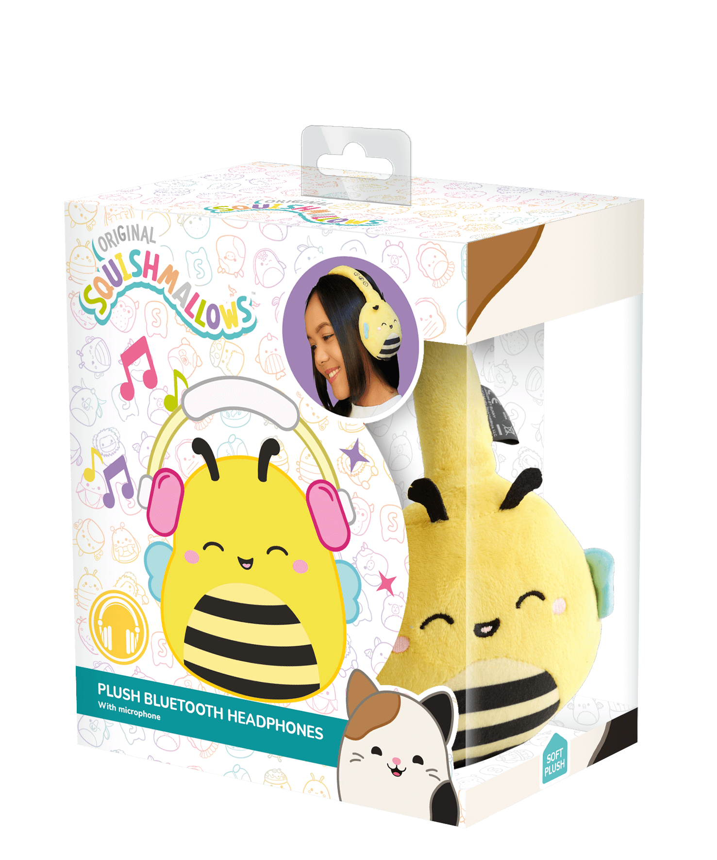 Een bijenpluche Bluetooth-koptelefoon in een doos. De doos toont een meisje dat de koptelefoon draagt en een bijengrafiek.