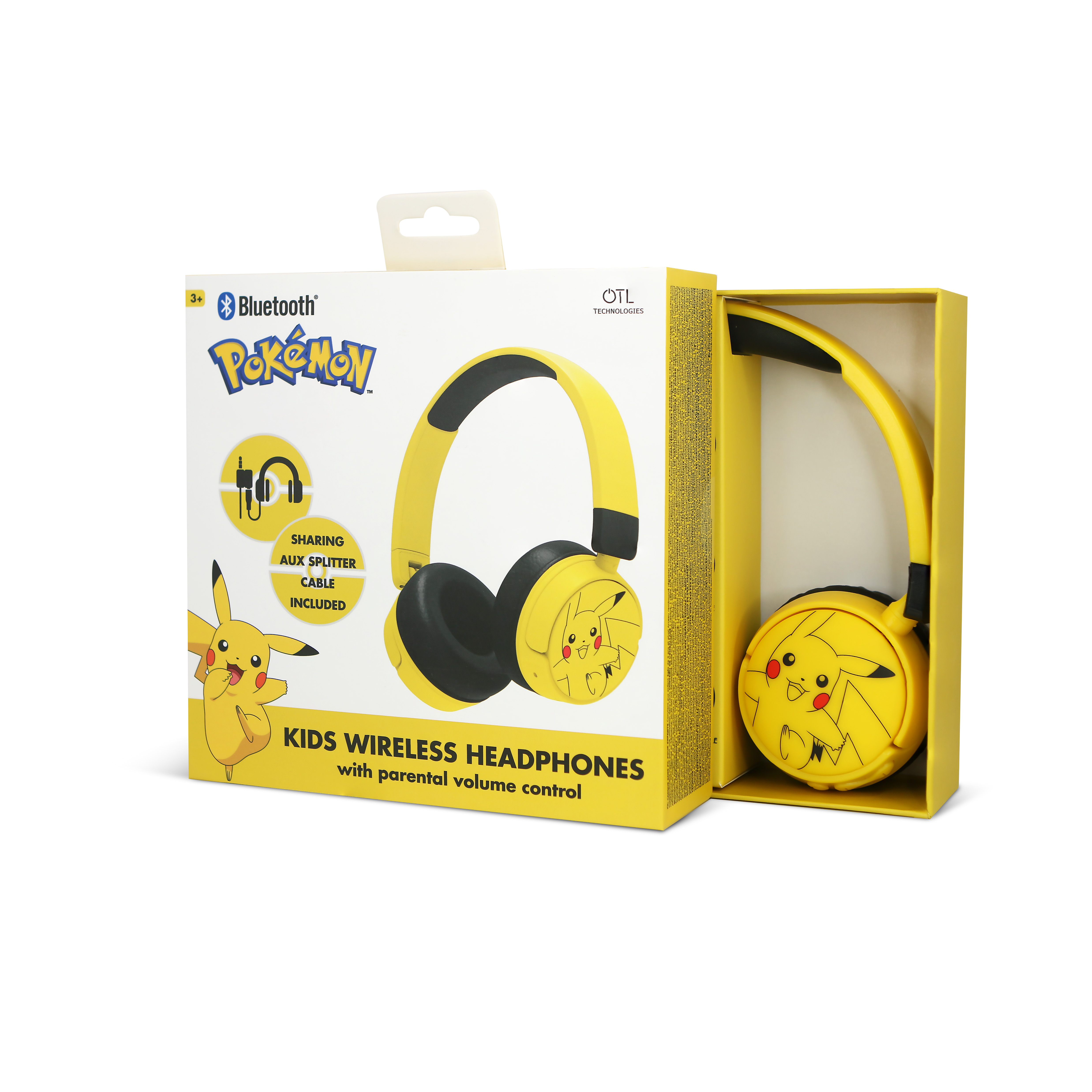 Gele en zwarte Pikachu hoofdtelefoon in een doos. De doos toont Pikachu en heeft Bluetooth.