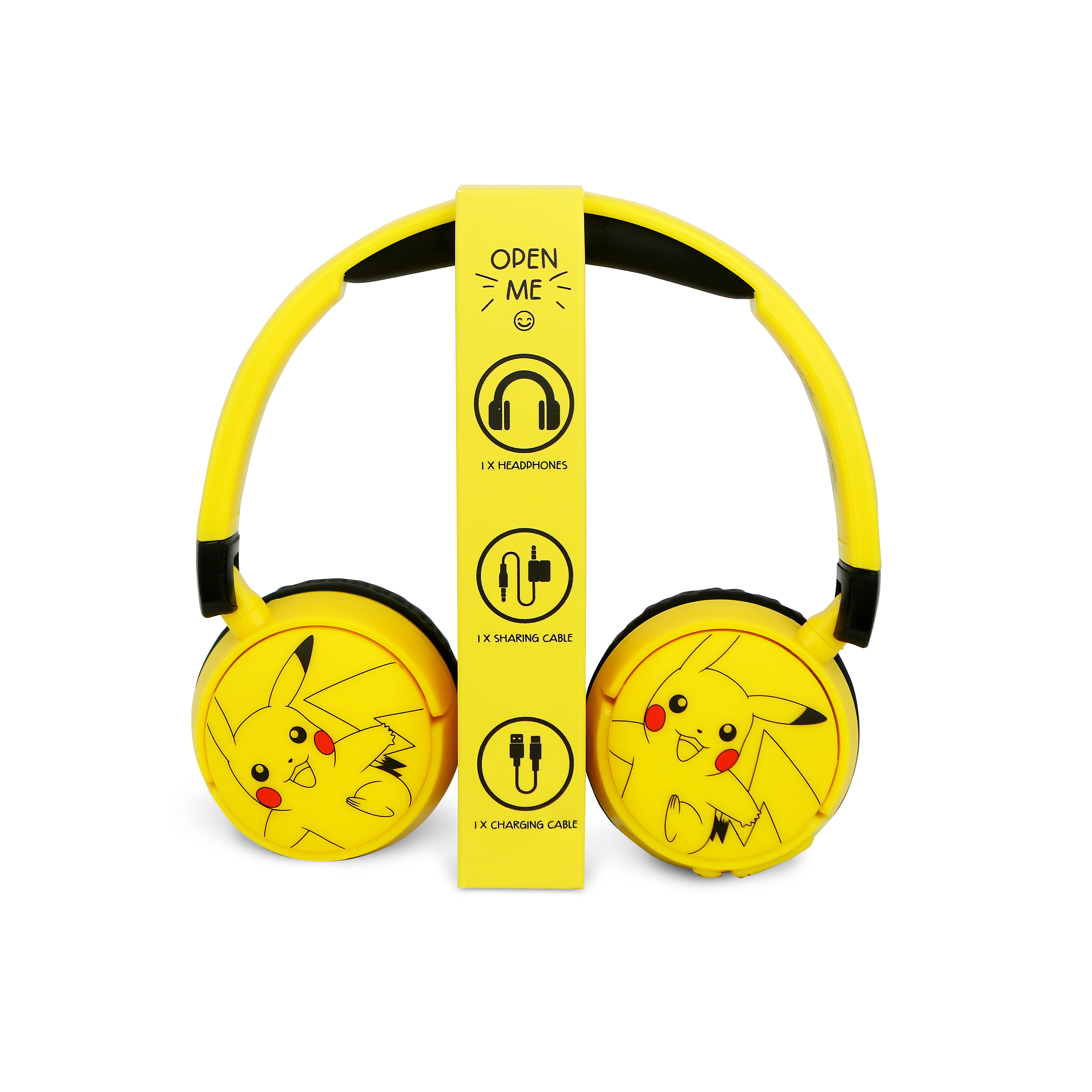 Gele Pikachu-hoofdtelefoon. Ze hebben Pikachu-gezichten op elk oor, een oplaadkabel en een deelkabel.