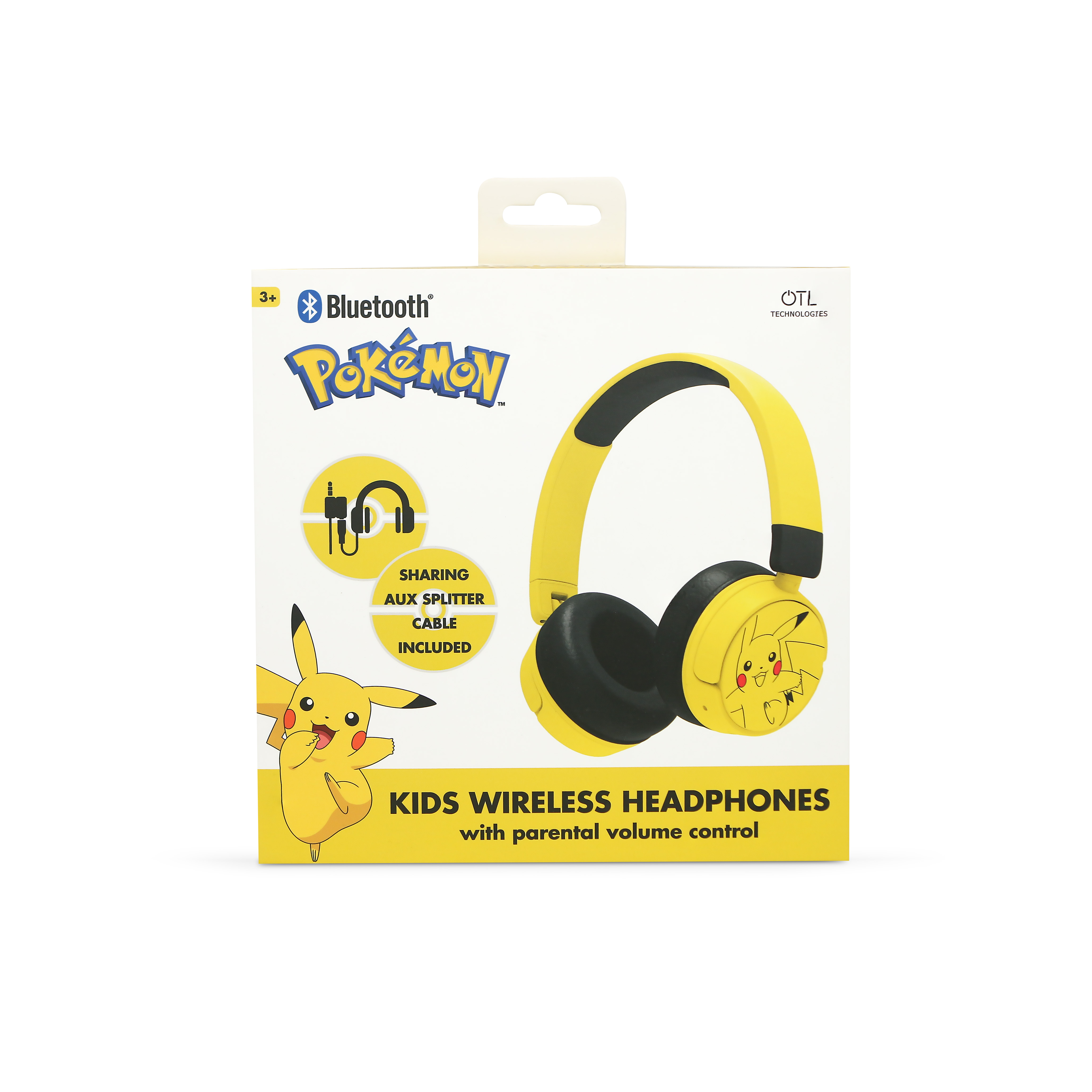Gele Pikachu draadloze kinderkoptelefoon met een meegeleverde aux-splitterkabel.