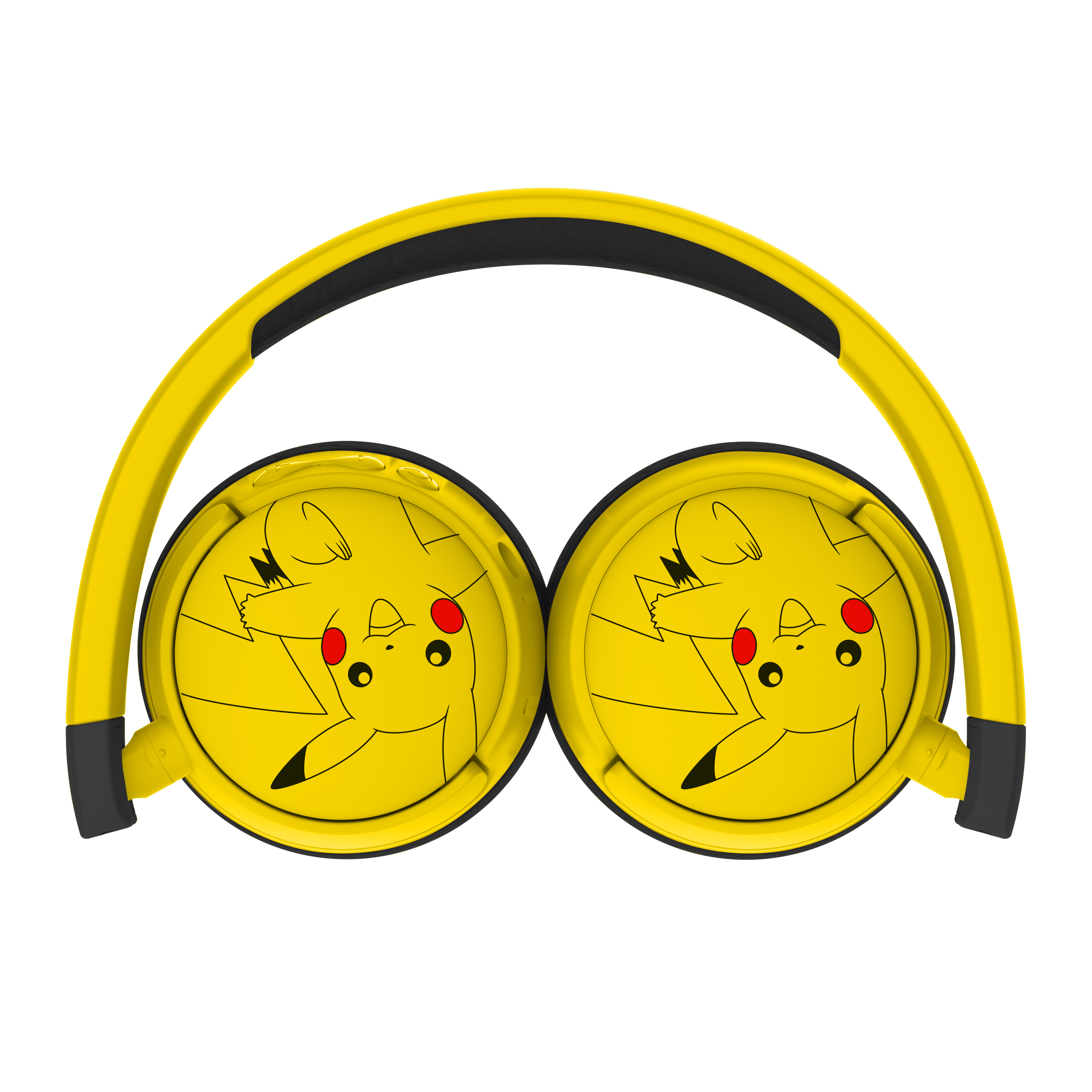 Gele Pikachu koptelefoon met zwarte accenten, met het gezicht van Pikachu op de oorschelpen.