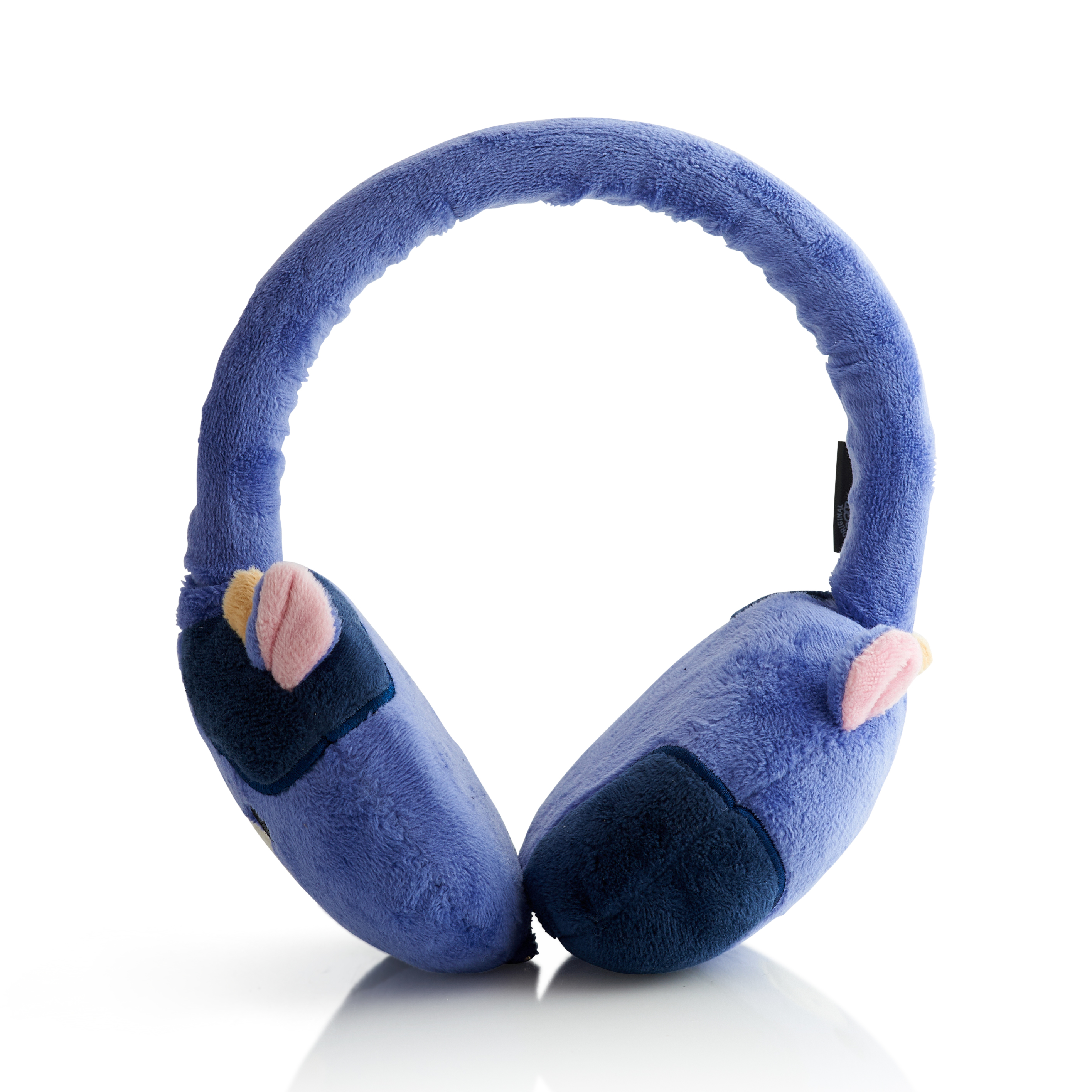 Blauwe pluche oorbeschermers. Voorzien van blauwe oorschelpen en een blauwe hoofdband.