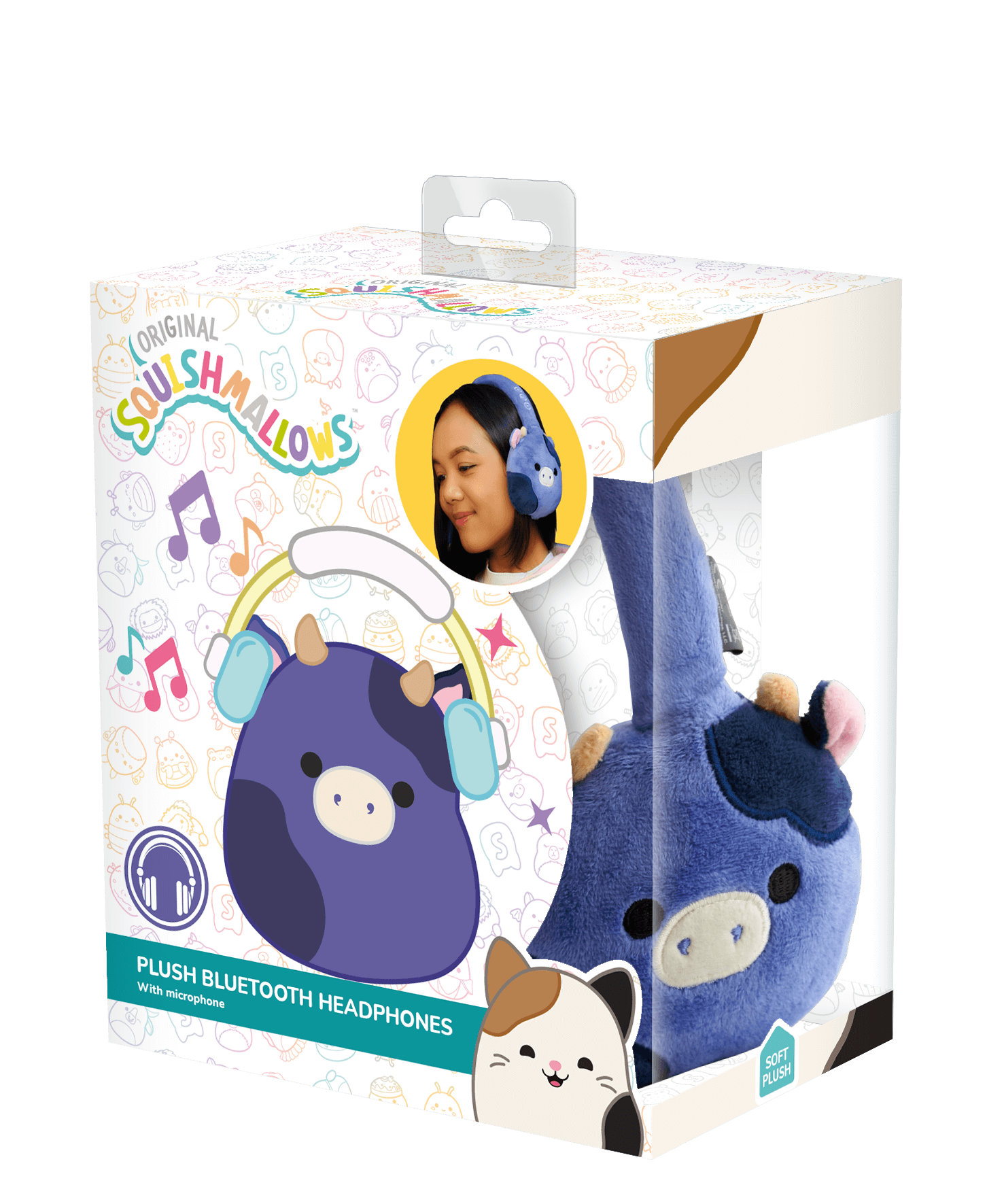 Verpakte pluche koptelefoon, koeienontwerp, blauw en wit, met een meisje dat hem draagt.