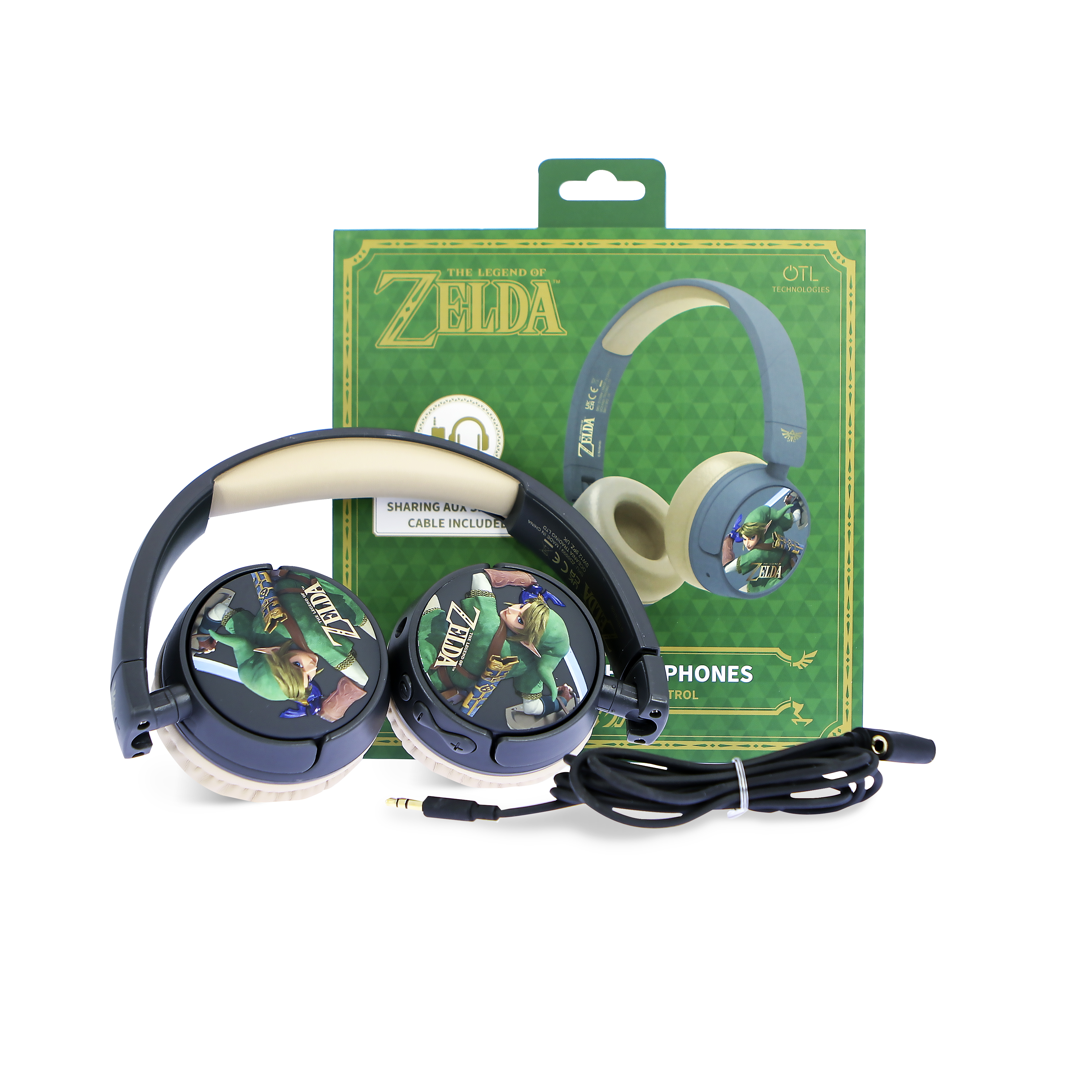 Zelda-hoofdtelefoon en doos. De hoofdtelefoon is zwart en crèmekleurig. De doos is groen met Zelda-afbeeldingen.