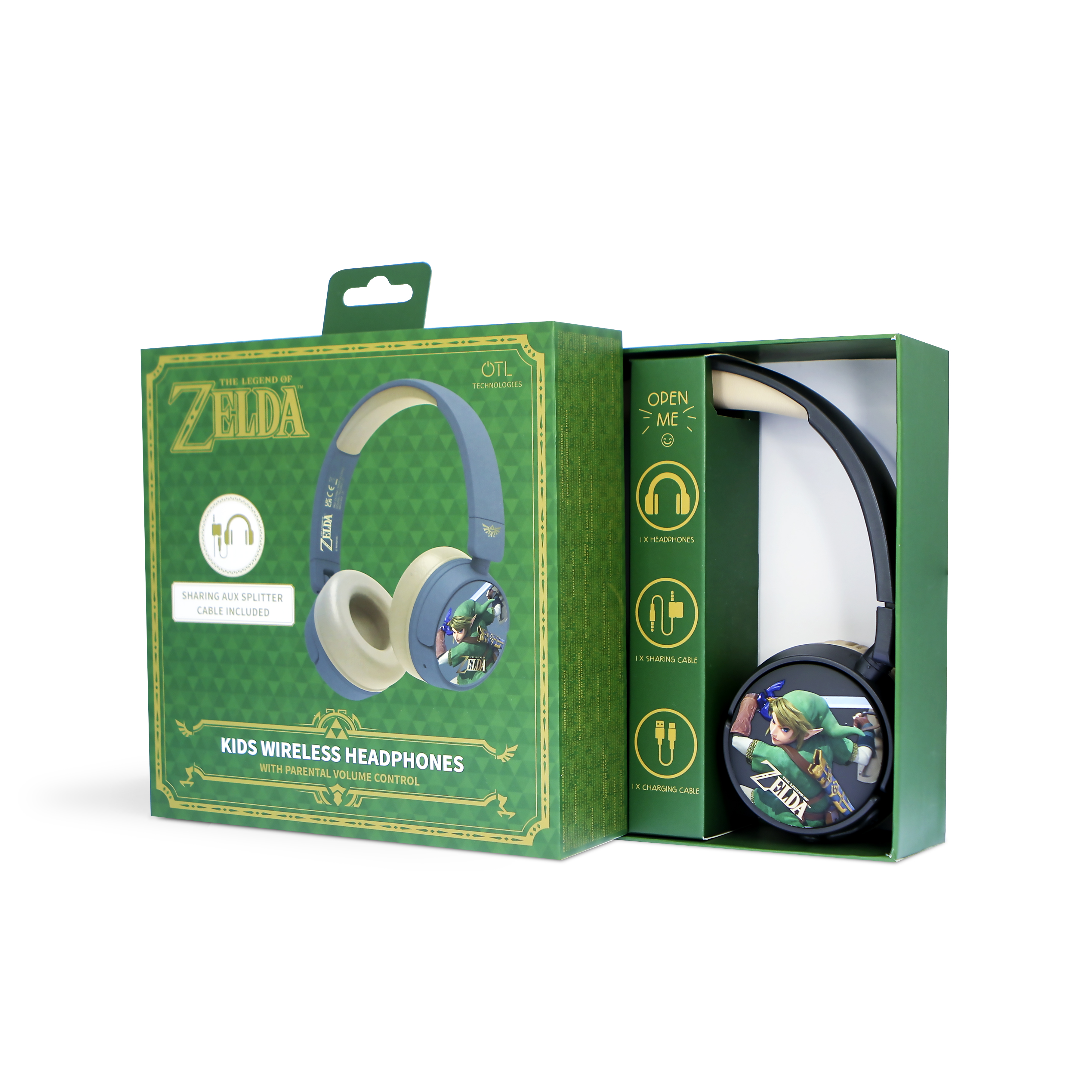 Zelda-hoofdtelefoon in een groene doos. De doos toont de hoofdtelefoon en Zelda-personages.