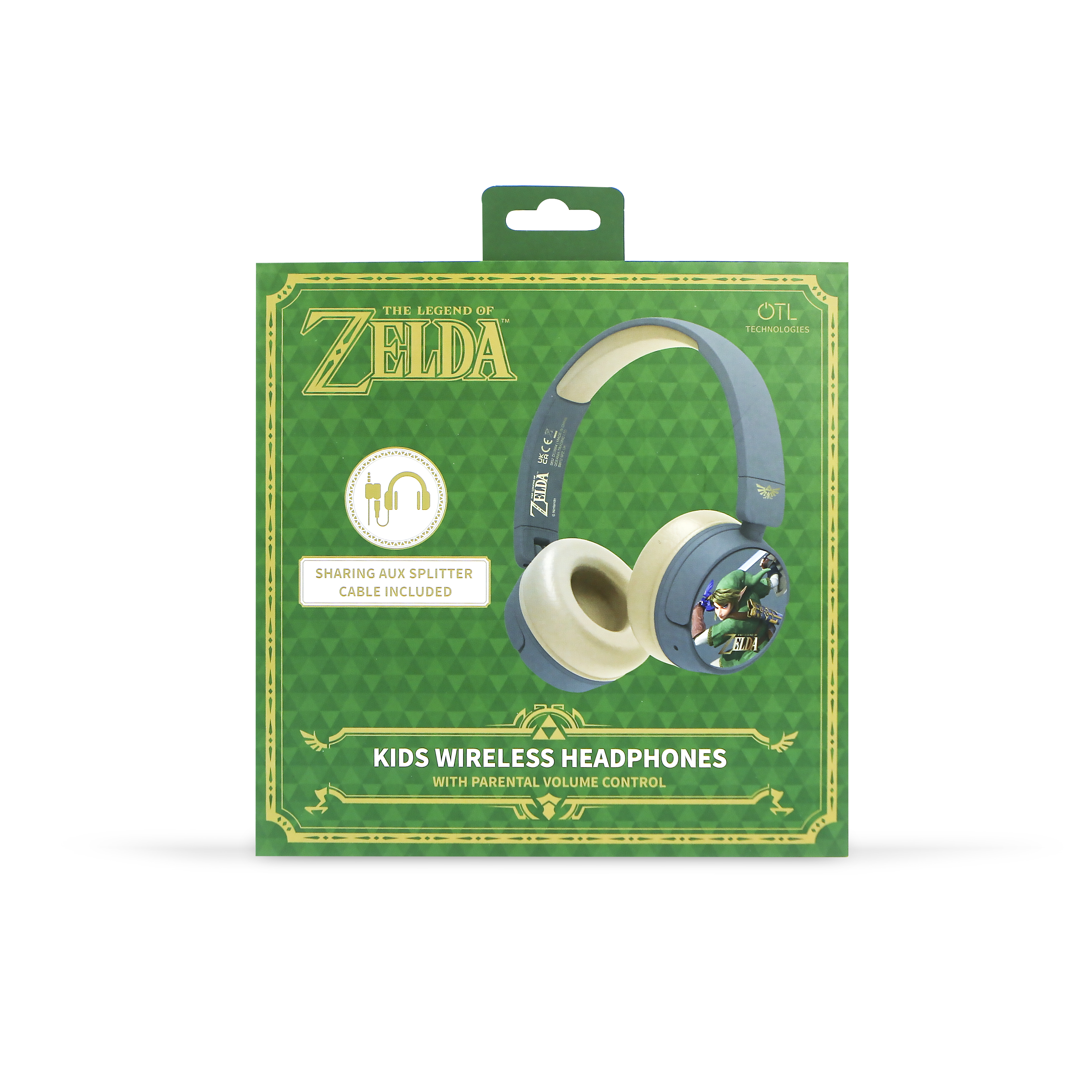 Verpakte groene en crèmekleurige Zelda-hoofdtelefoon. Doos heeft The Legend of Zelda-logo en kabel.