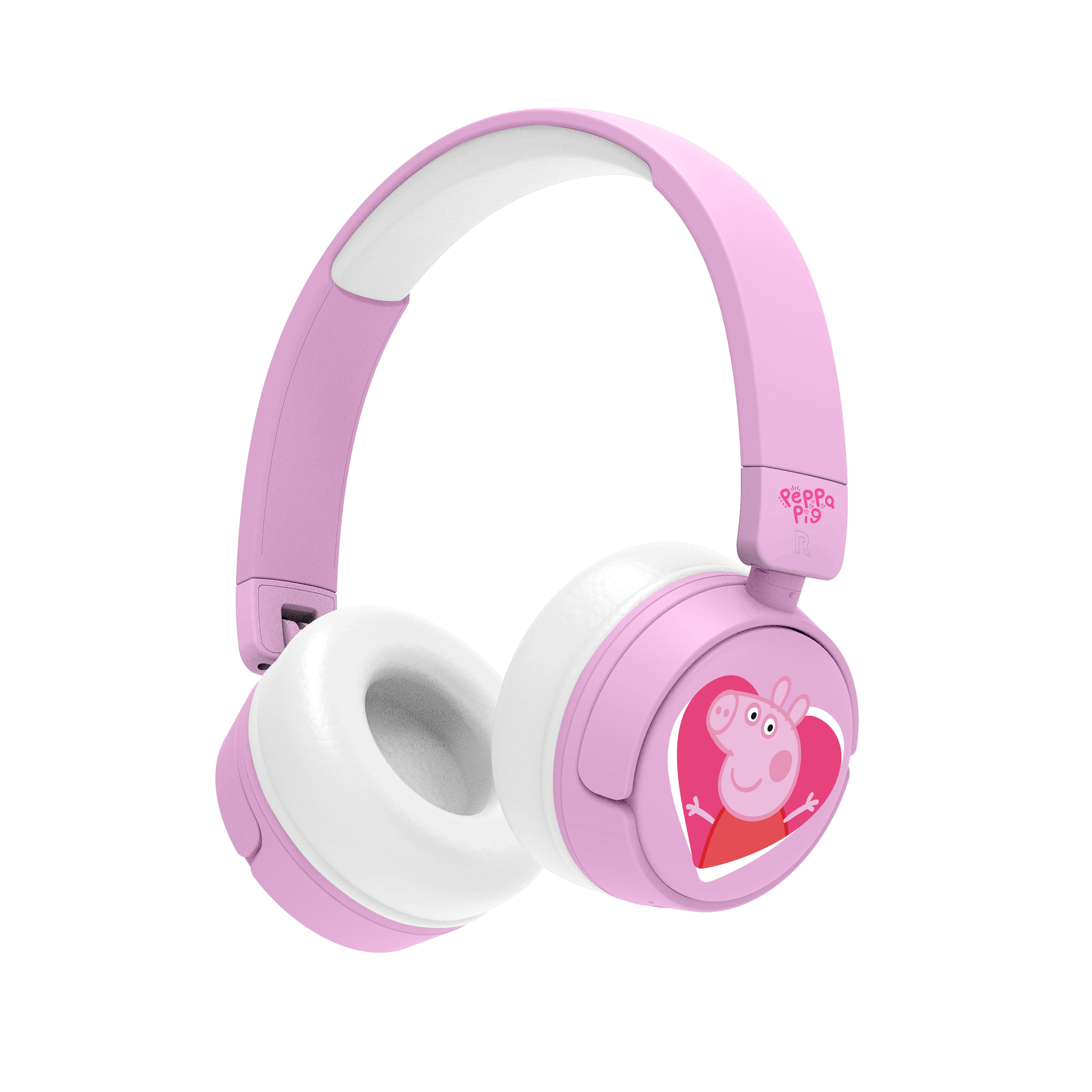 Cuffie rosa Peppa Pig. Padiglioni e fascia bianchi, Peppa sul lato.