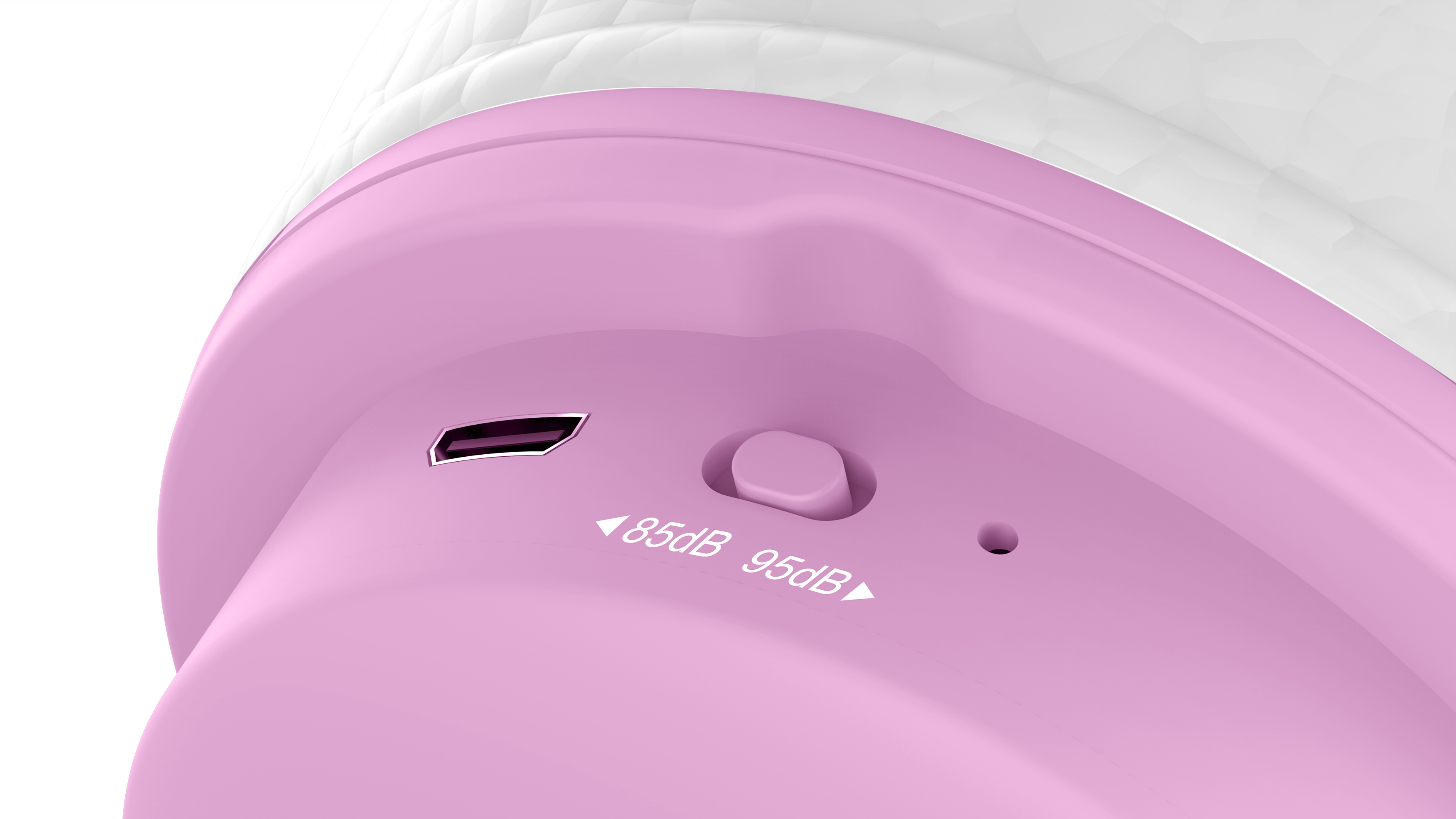 Cuffie rosa con pulsanti di controllo del volume. Sono visibili le impostazioni 85dB e 95dB.