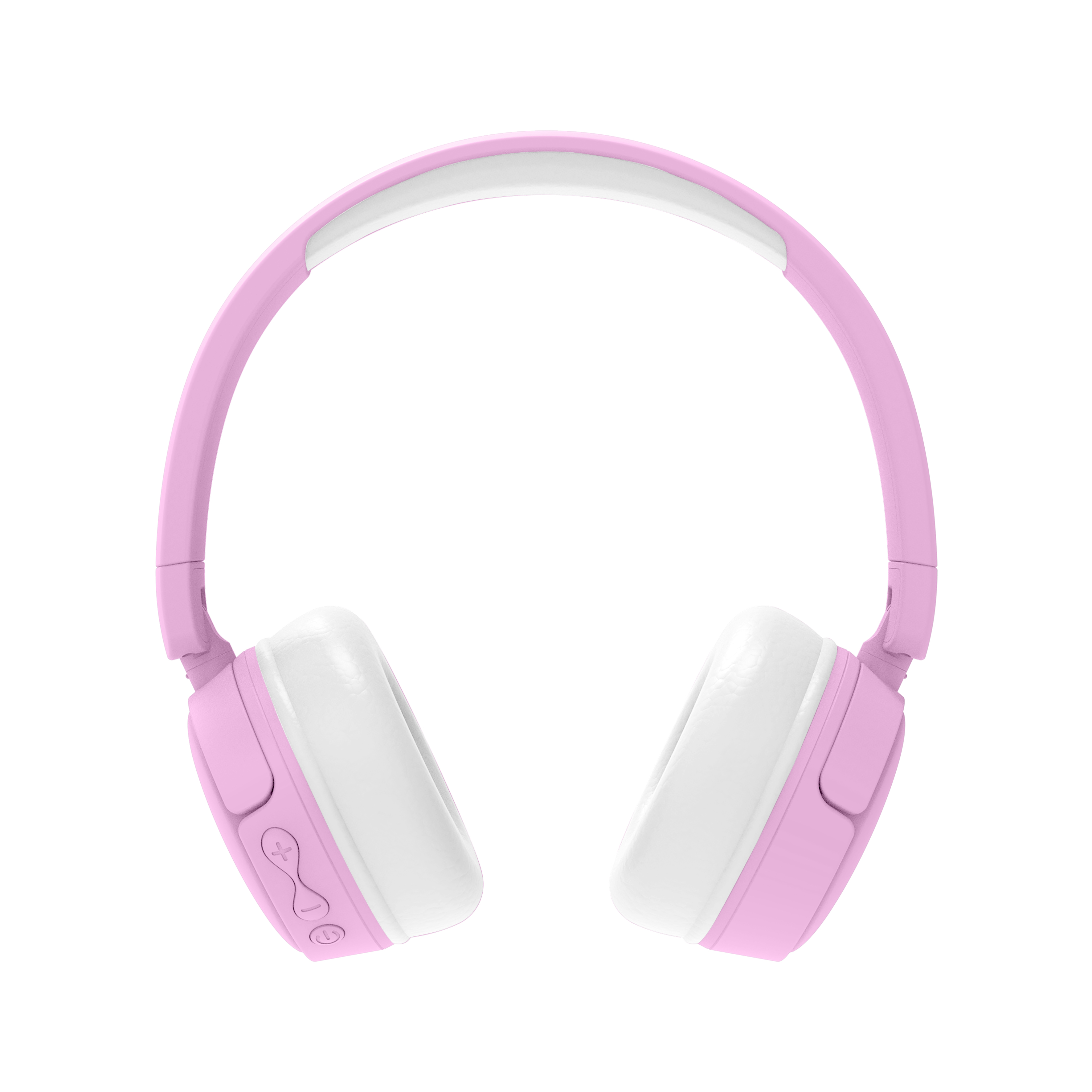 Cuffie rosa e bianche su sfondo bianco. Le cuffie sono over-ear.