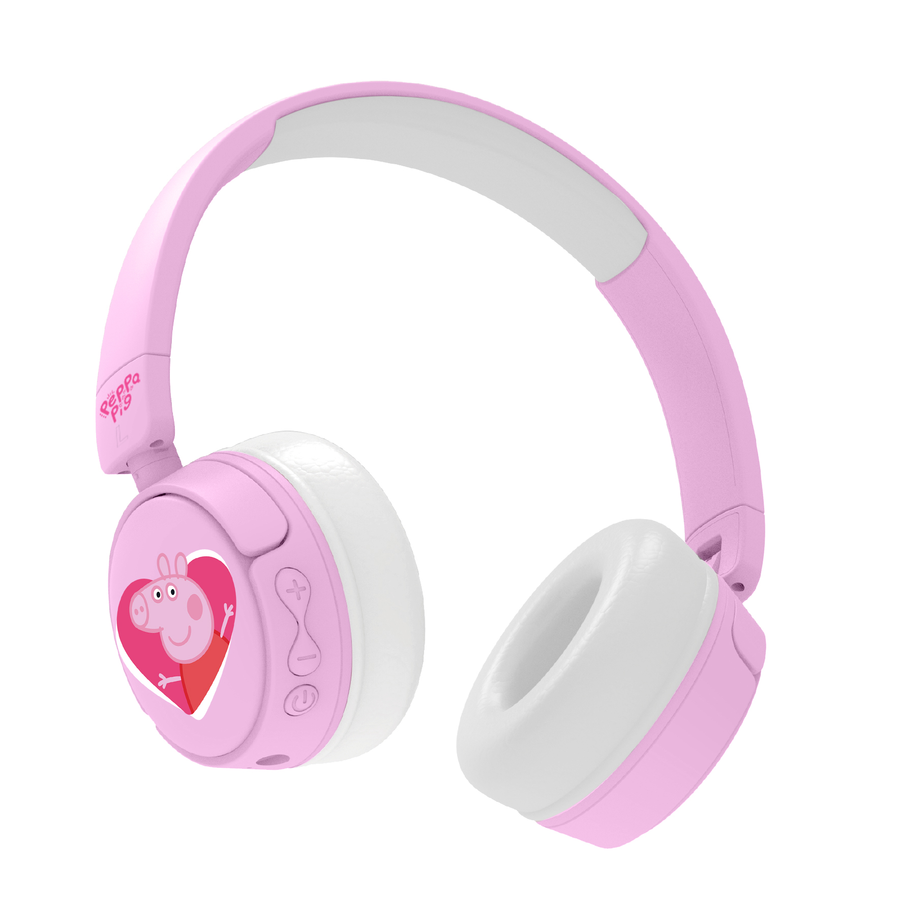 Cuffie rosa di Peppa Pig con padiglioni bianchi e fascia rosa. Il logo di Peppa Pig è visibile.