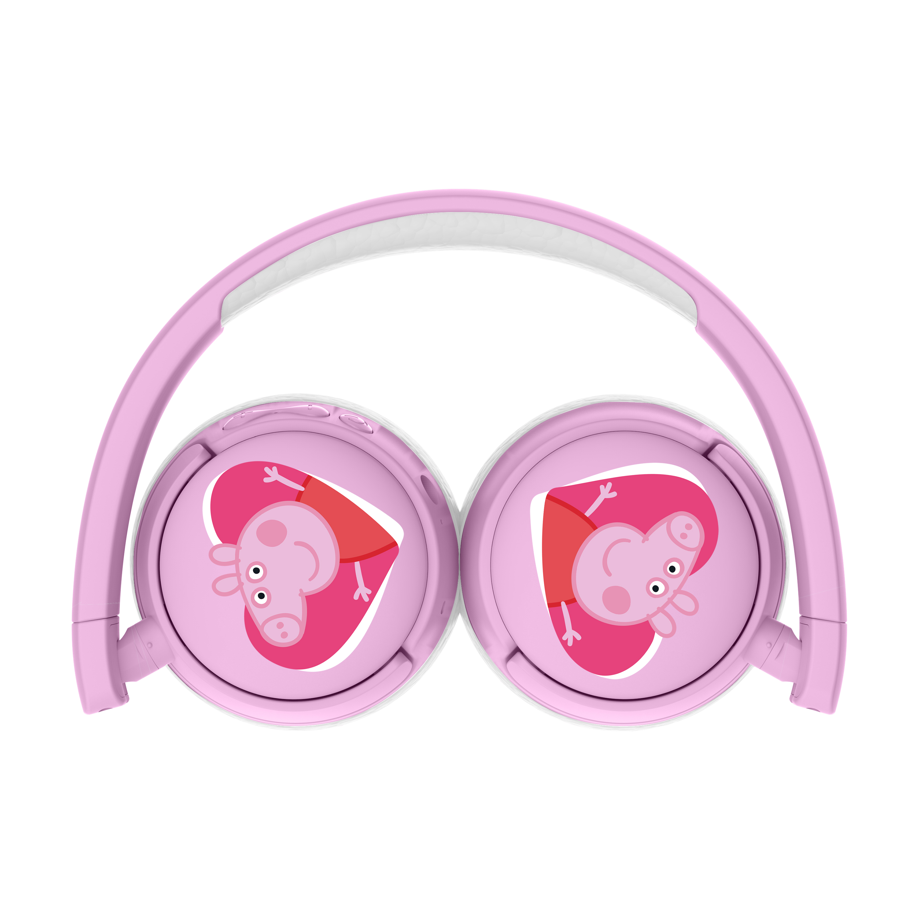 Cuffie rosa con Peppa Pig su ogni padiglione, cuscinetti bianchi, sfondo bianco.