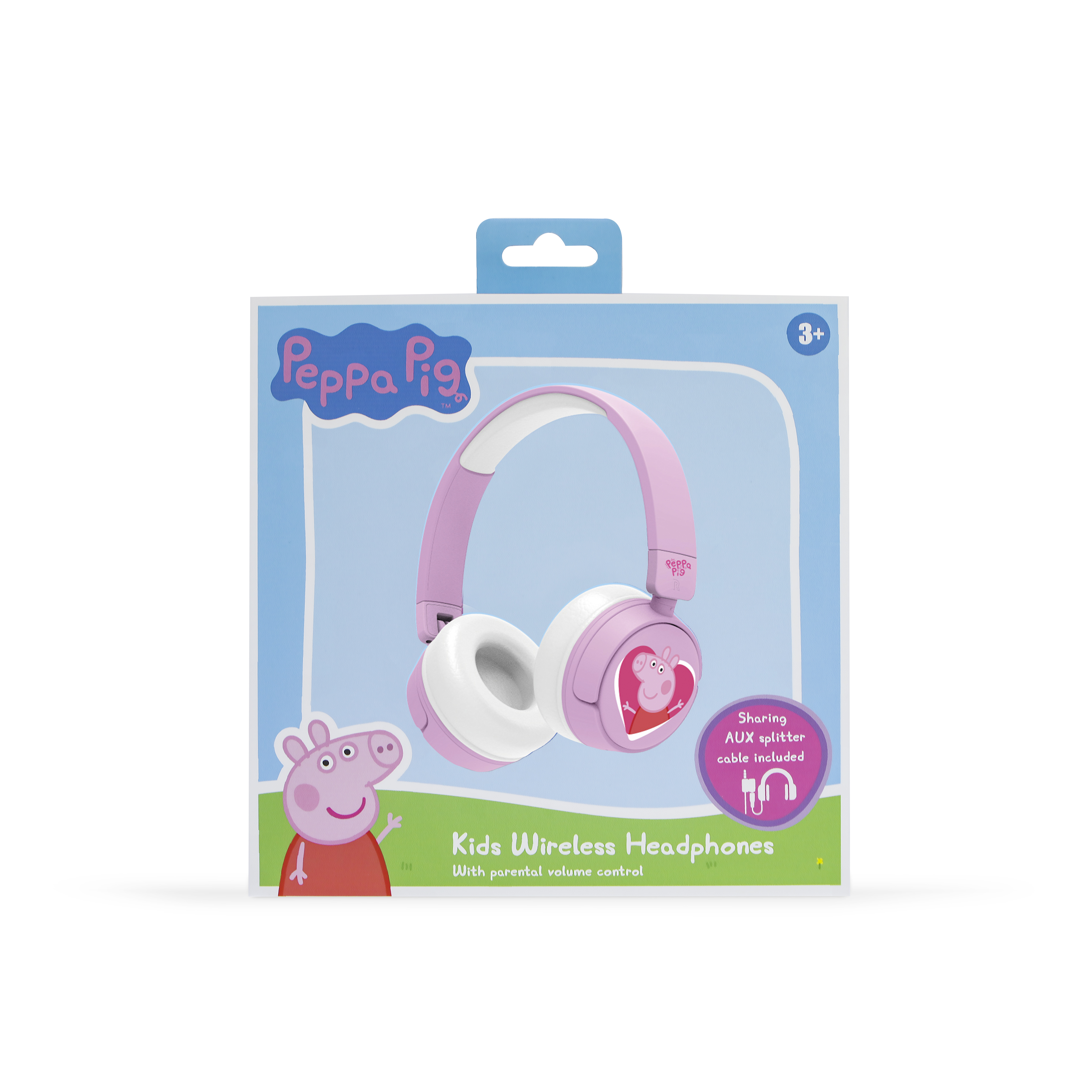 Cuffie Peppa Pig rosa in scatola. Padiglioni bianchi, fascia rosa e Peppa Pig sul lato.