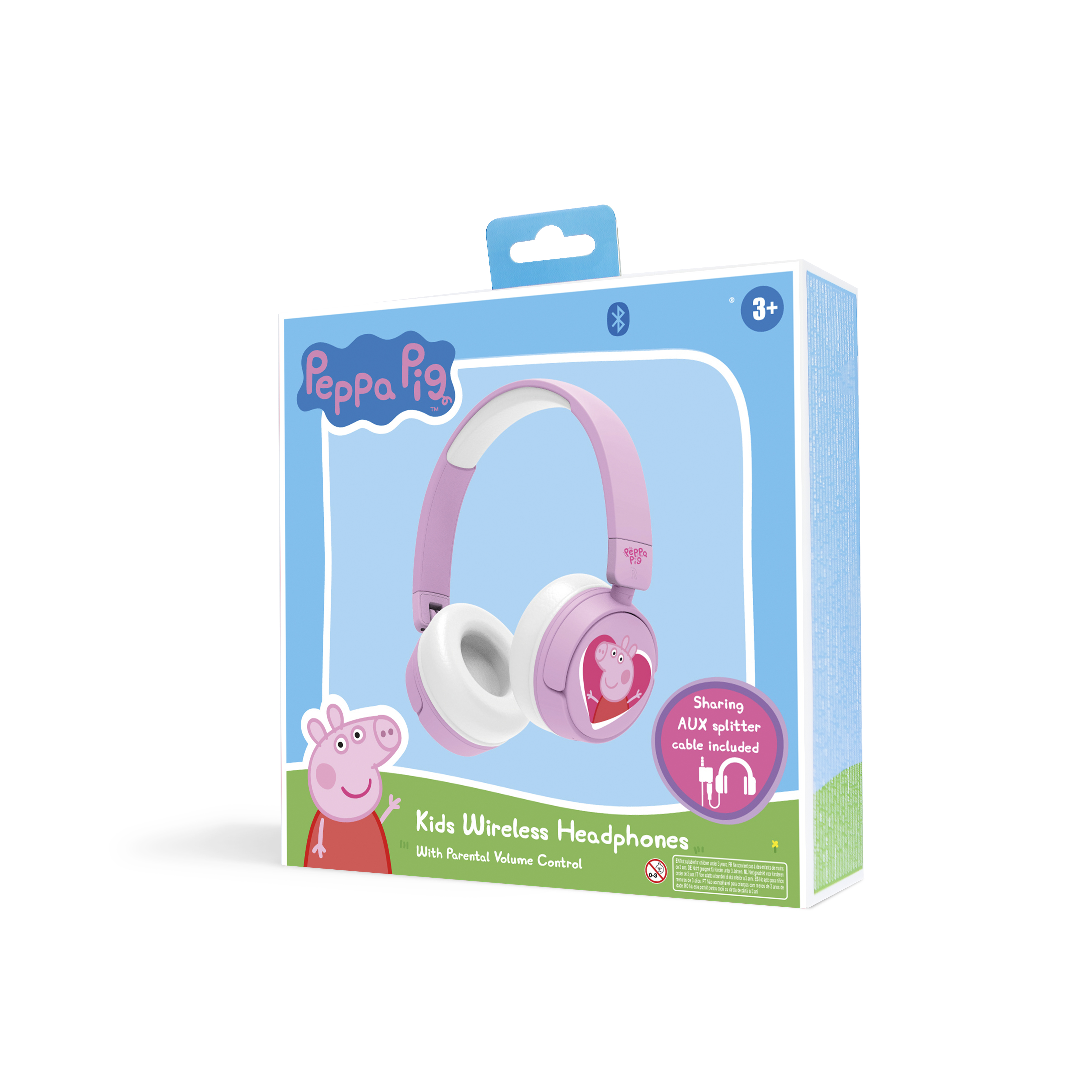 Cuffie Peppa Pig in una scatola. La scatola è blu, rosa e verde. Ha la grafica di Peppa Pig.
