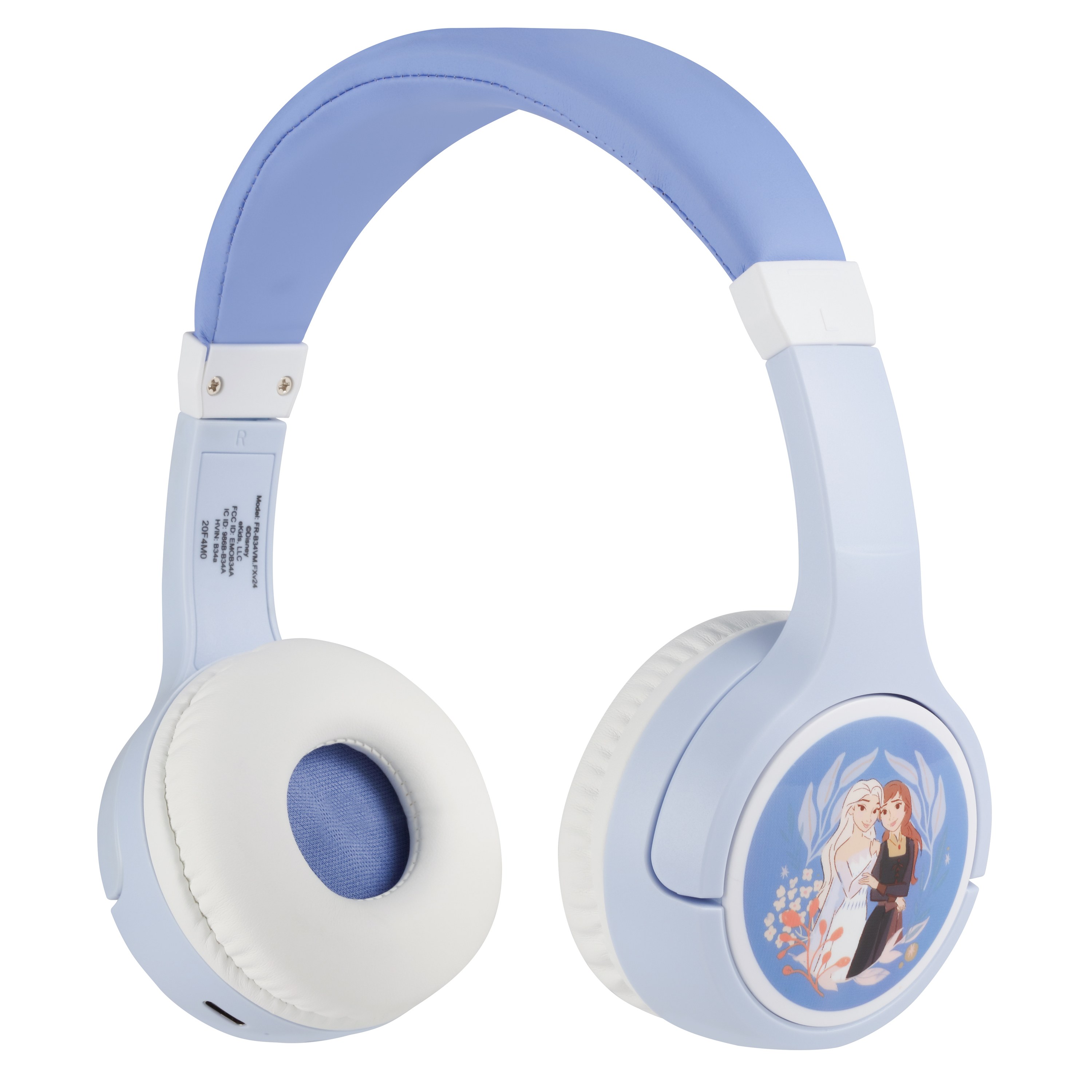 Cuffie Frozen, azzurro chiaro e bianco, con grafica di Elsa e Anna, su sfondo bianco.