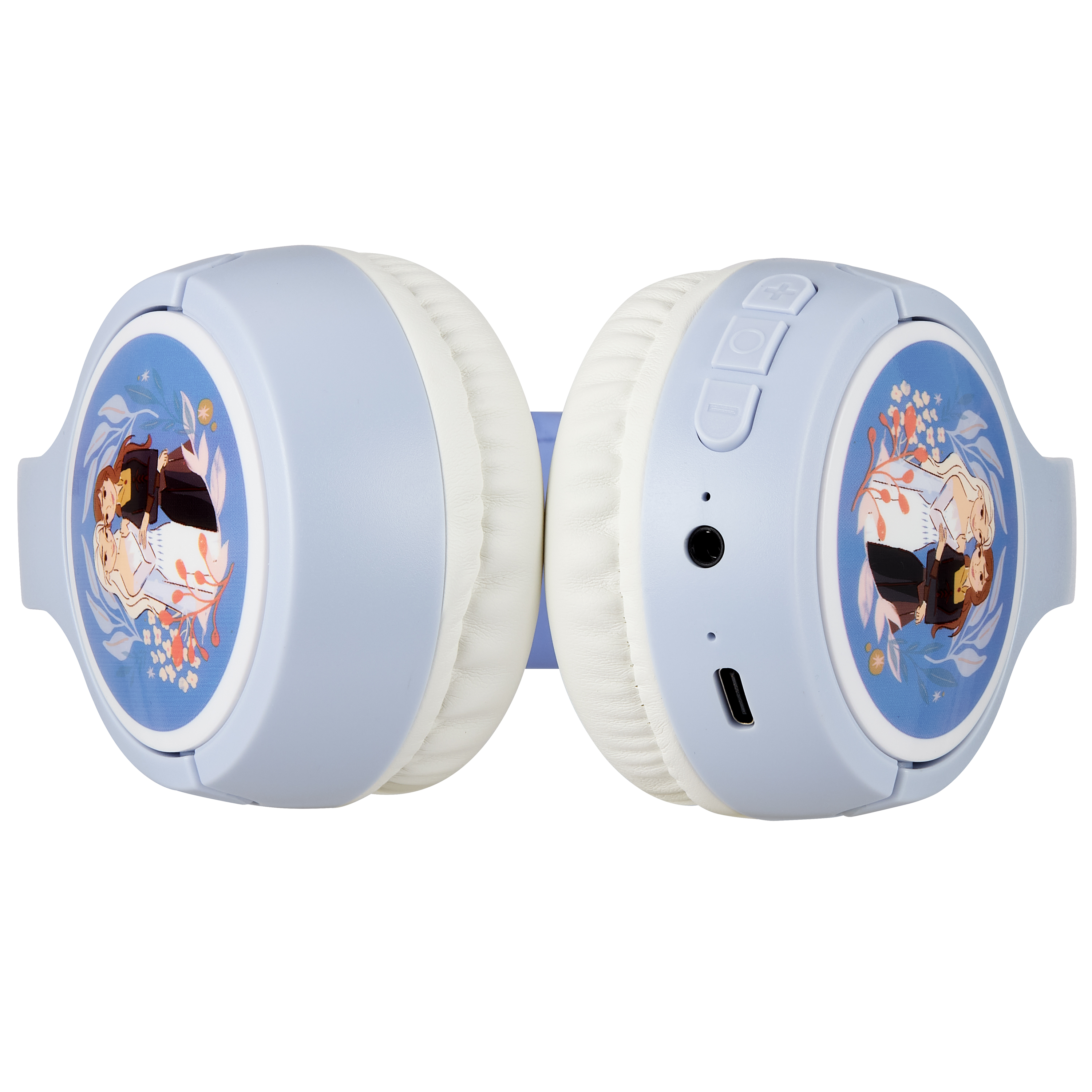 Cuffie blu con un'immagine di cartone animato sui padiglioni e pulsanti di controllo.
