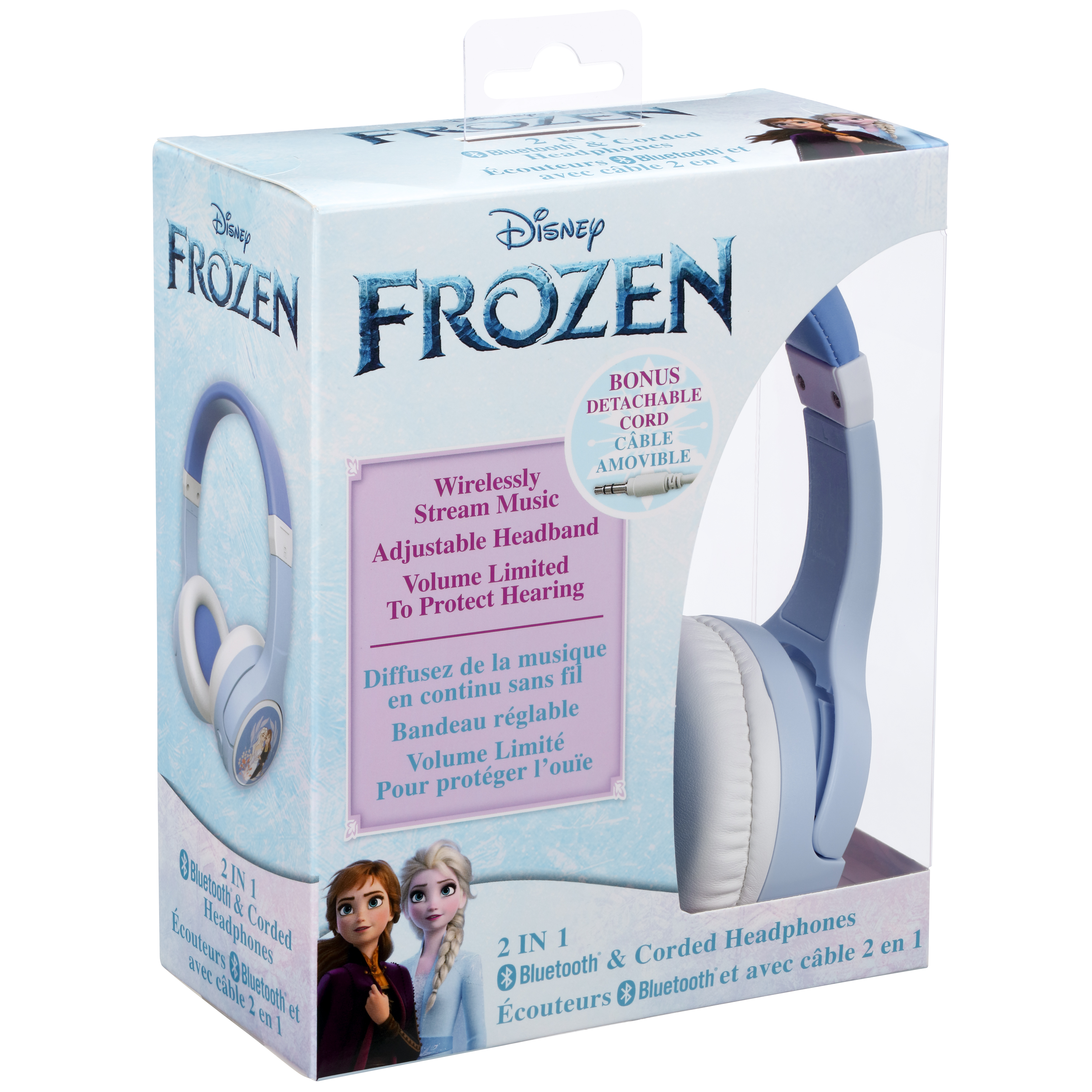 Cuffie Disney Frozen in una scatola. Design blu e bianco, con immagini dei personaggi.
