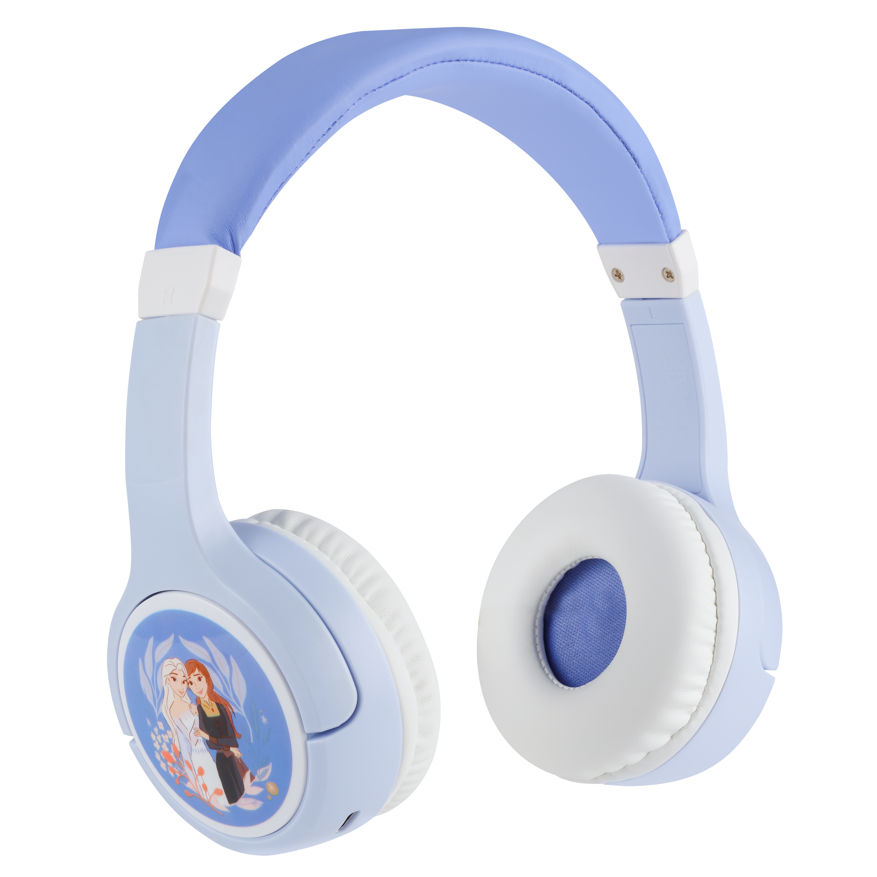 Cuffie azzurro chiaro con dettagli bianchi. I padiglioni auricolari presentano i personaggi di Frozen, Anna ed Elsa.