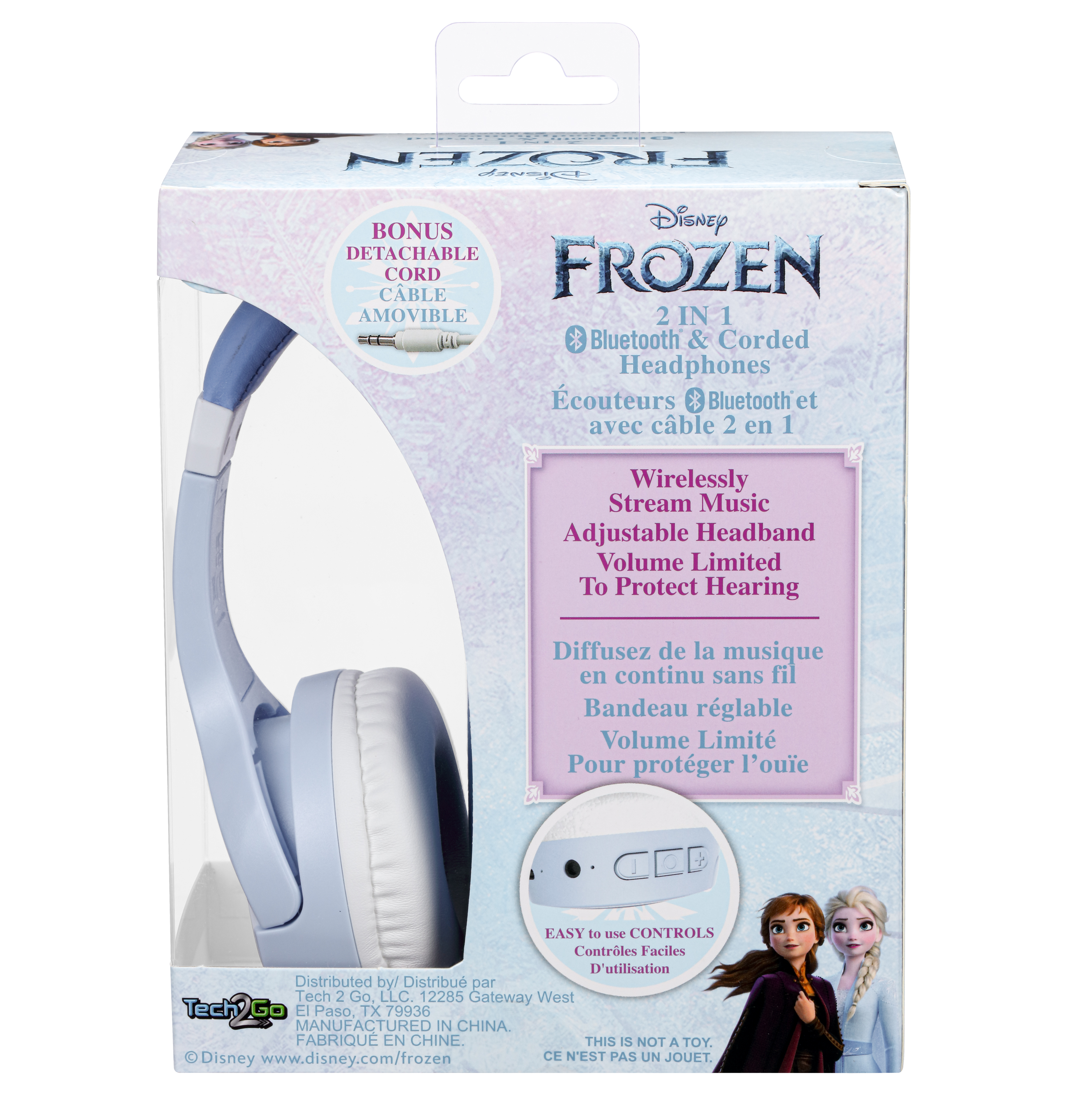 Cuffie a tema Frozen in una scatola. Design blu e bianco con cavo incluso.